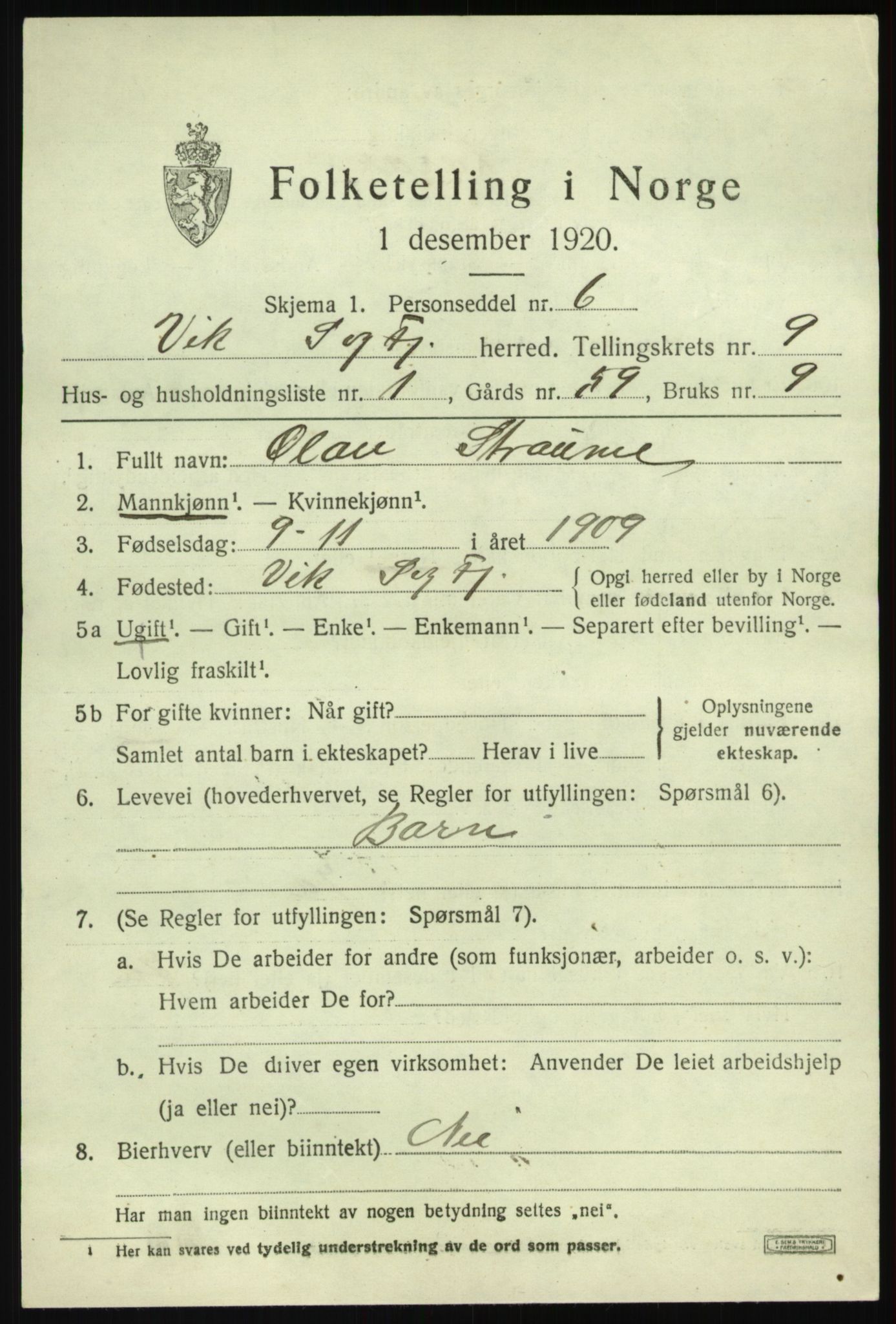 SAB, 1920 census for Vik, 1920, p. 5527