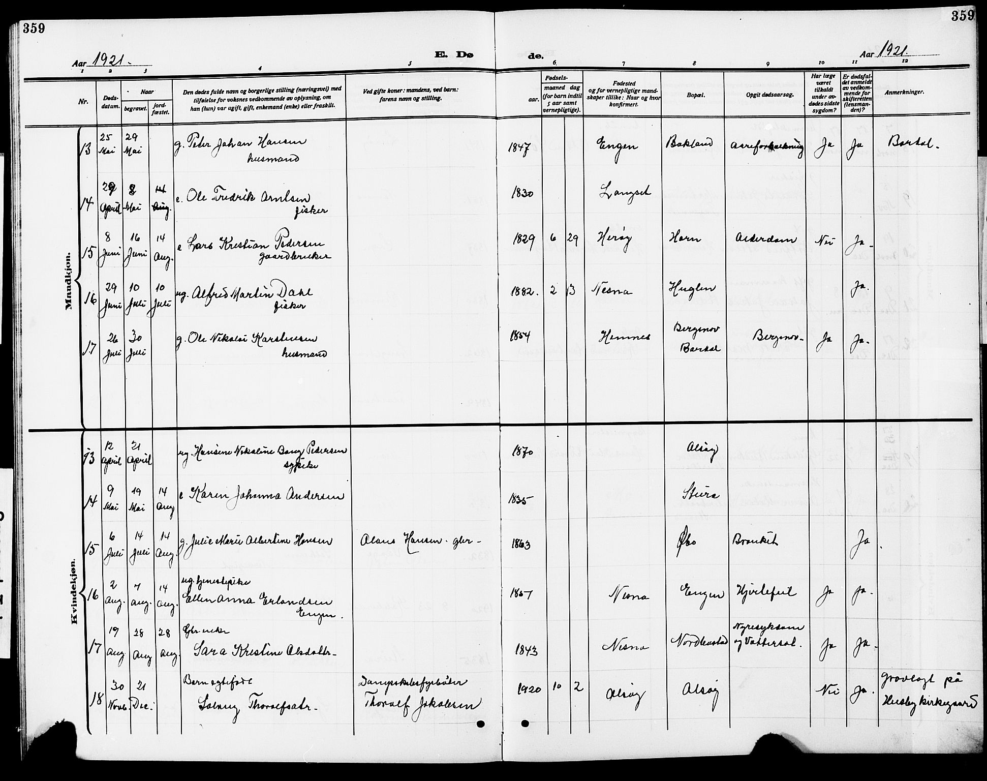 Ministerialprotokoller, klokkerbøker og fødselsregistre - Nordland, AV/SAT-A-1459/838/L0560: Parish register (copy) no. 838C07, 1910-1928, p. 359