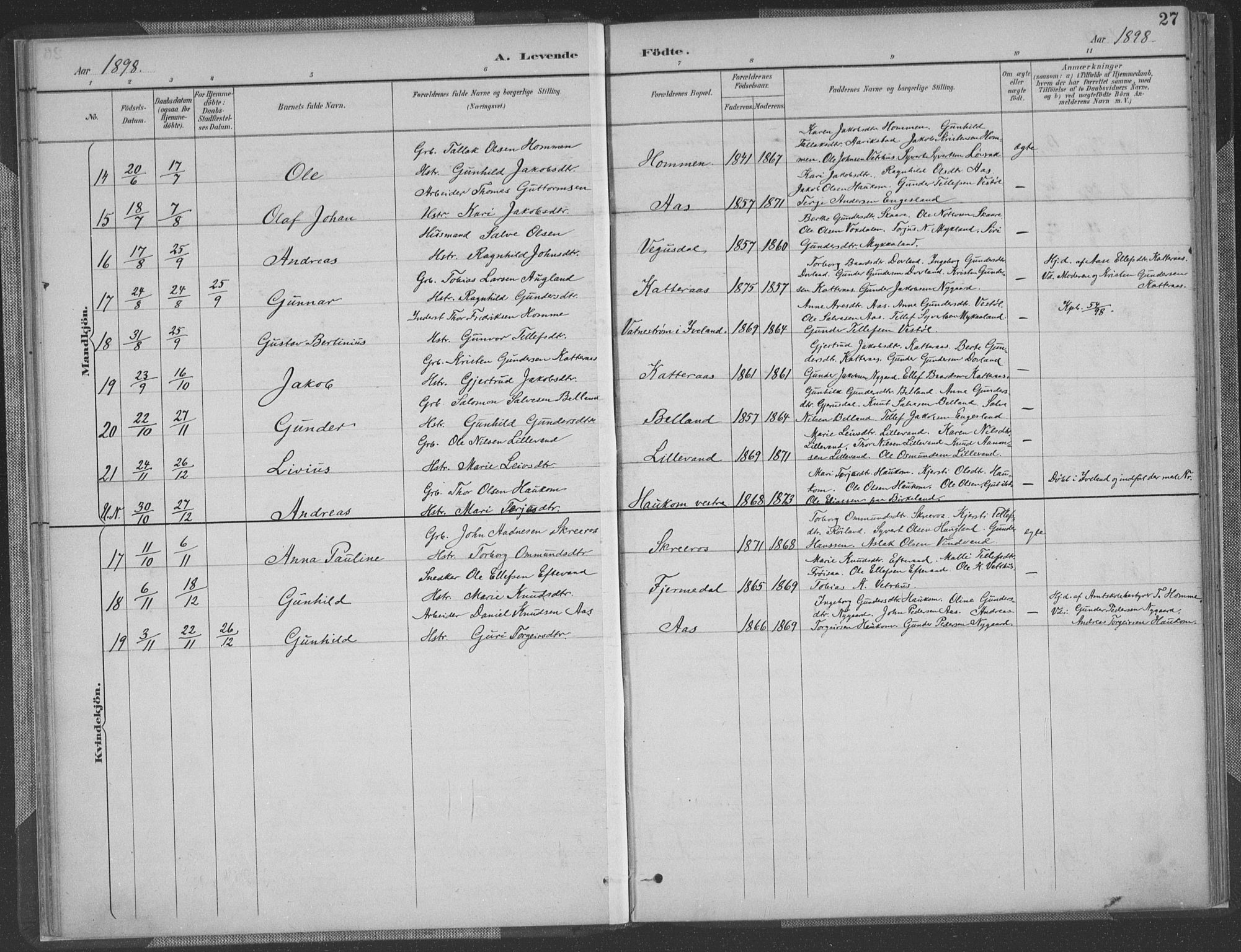 Herefoss sokneprestkontor, AV/SAK-1111-0019/F/Fa/Fab/L0004: Parish register (official) no. A 4, 1887-1909, p. 27