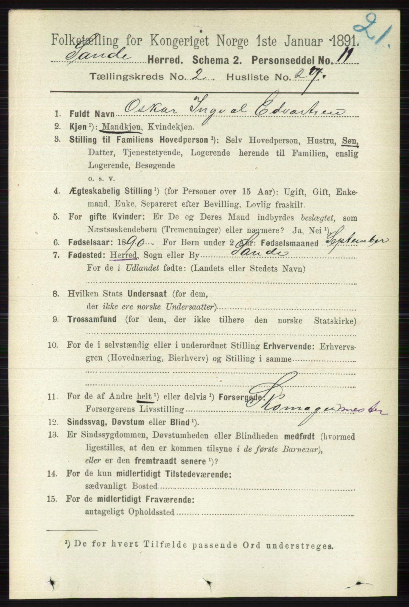 RA, 1891 census for 0713 Sande, 1891, p. 741