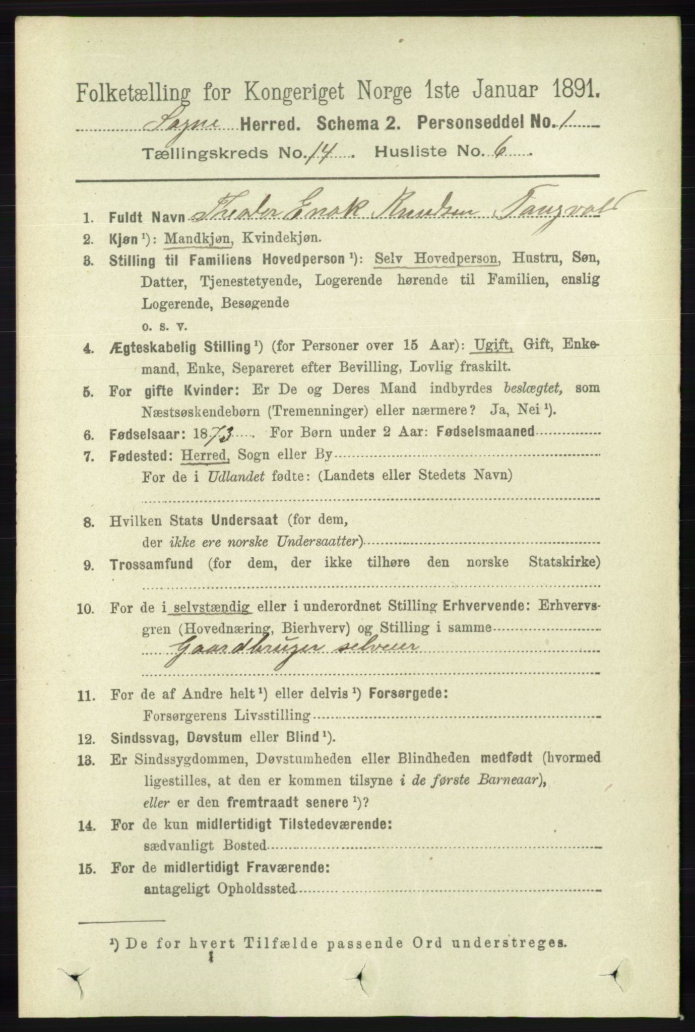 RA, 1891 census for 1018 Søgne, 1891, p. 3431