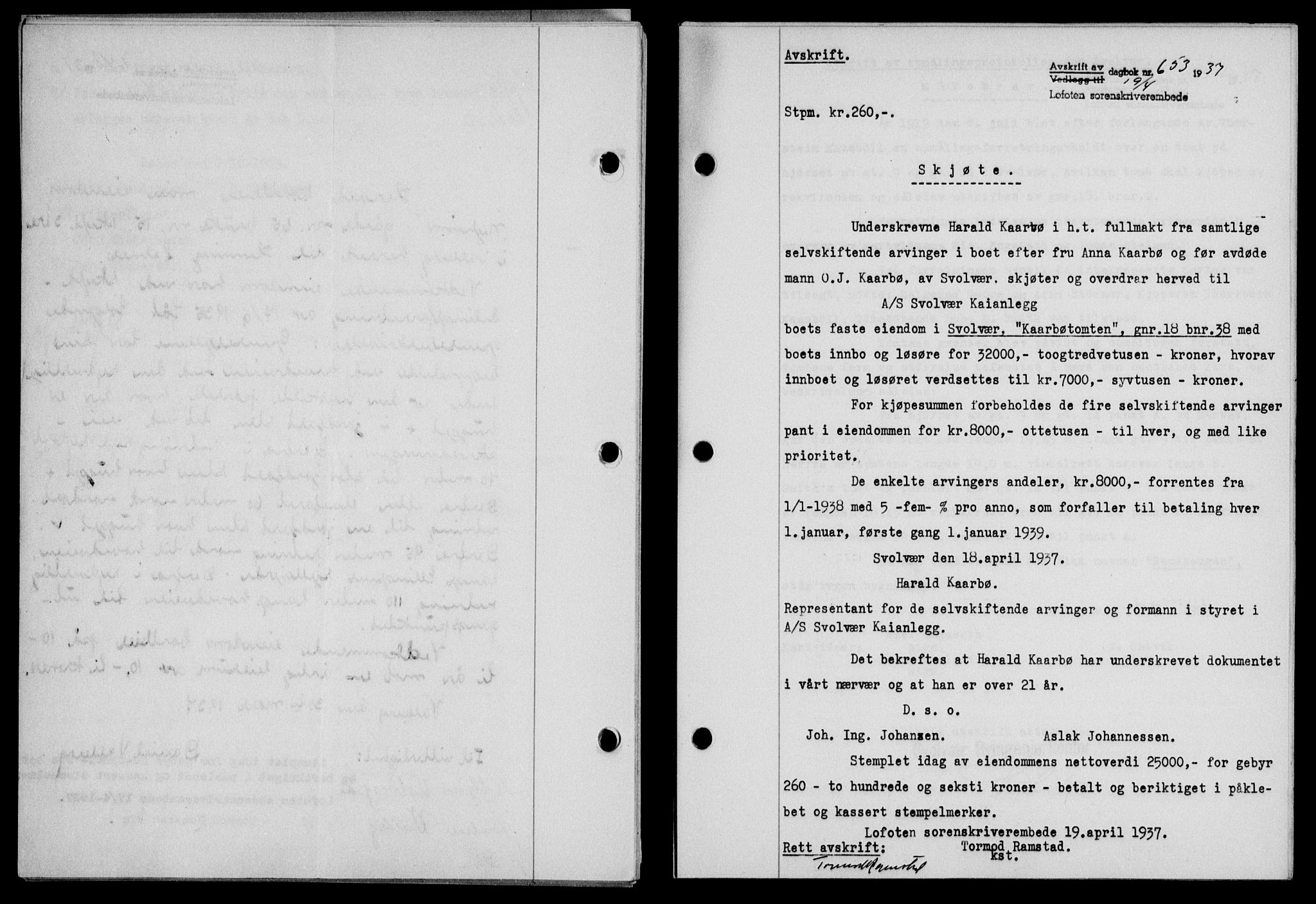 Lofoten sorenskriveri, SAT/A-0017/1/2/2C/L0002a: Mortgage book no. 2a, 1937-1937, Diary no: : 653/1937