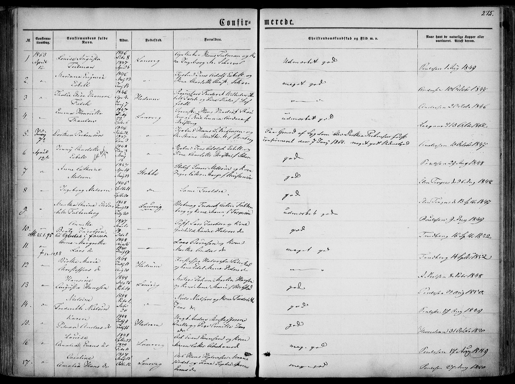 Larvik kirkebøker, SAKO/A-352/F/Fa/L0004: Parish register (official) no. I 4, 1856-1870, p. 275