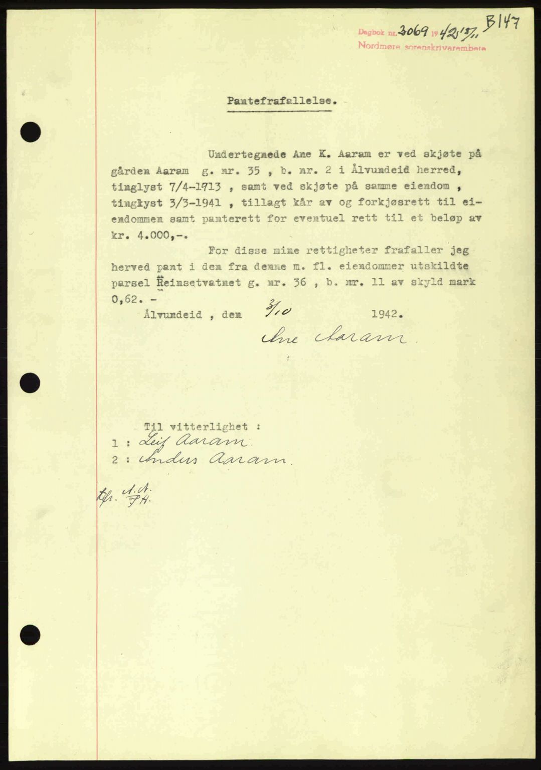 Nordmøre sorenskriveri, AV/SAT-A-4132/1/2/2Ca: Mortgage book no. B90, 1942-1943, Diary no: : 3069/1942