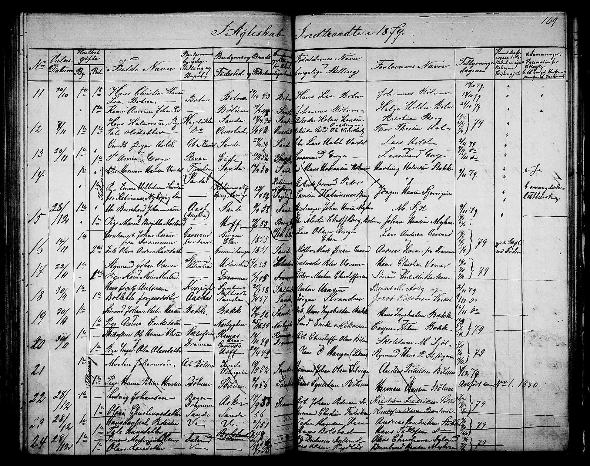 Sande Kirkebøker, AV/SAKO-A-53/G/Ga/L0003: Parish register (copy) no. 3, 1864-1882, p. 169