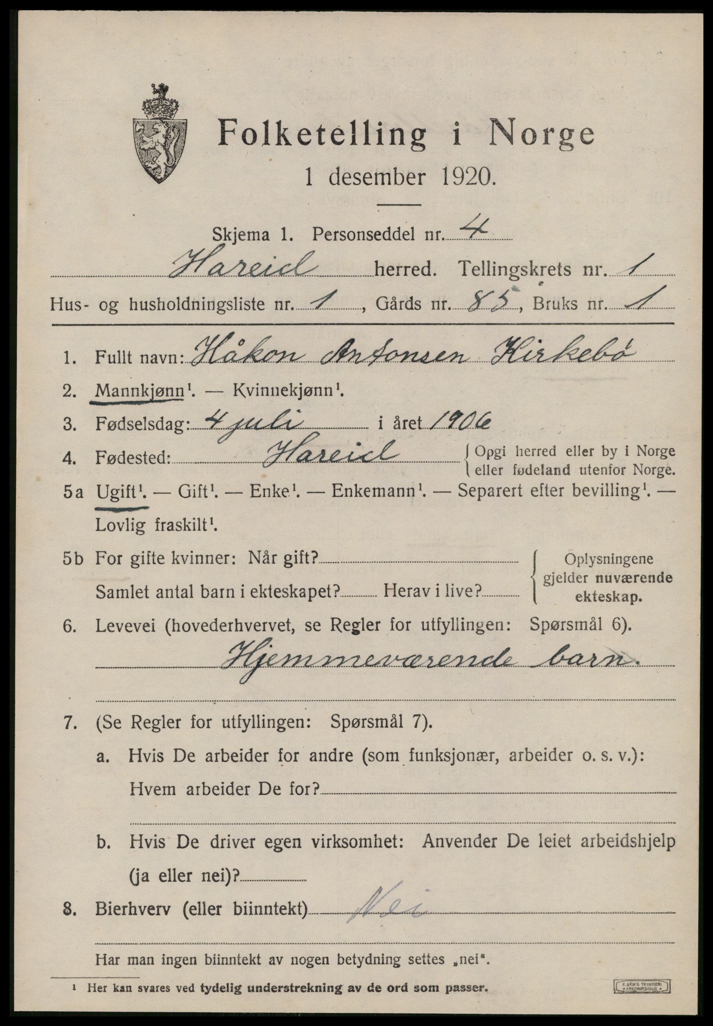 SAT, 1920 census for Hareid, 1920, p. 741