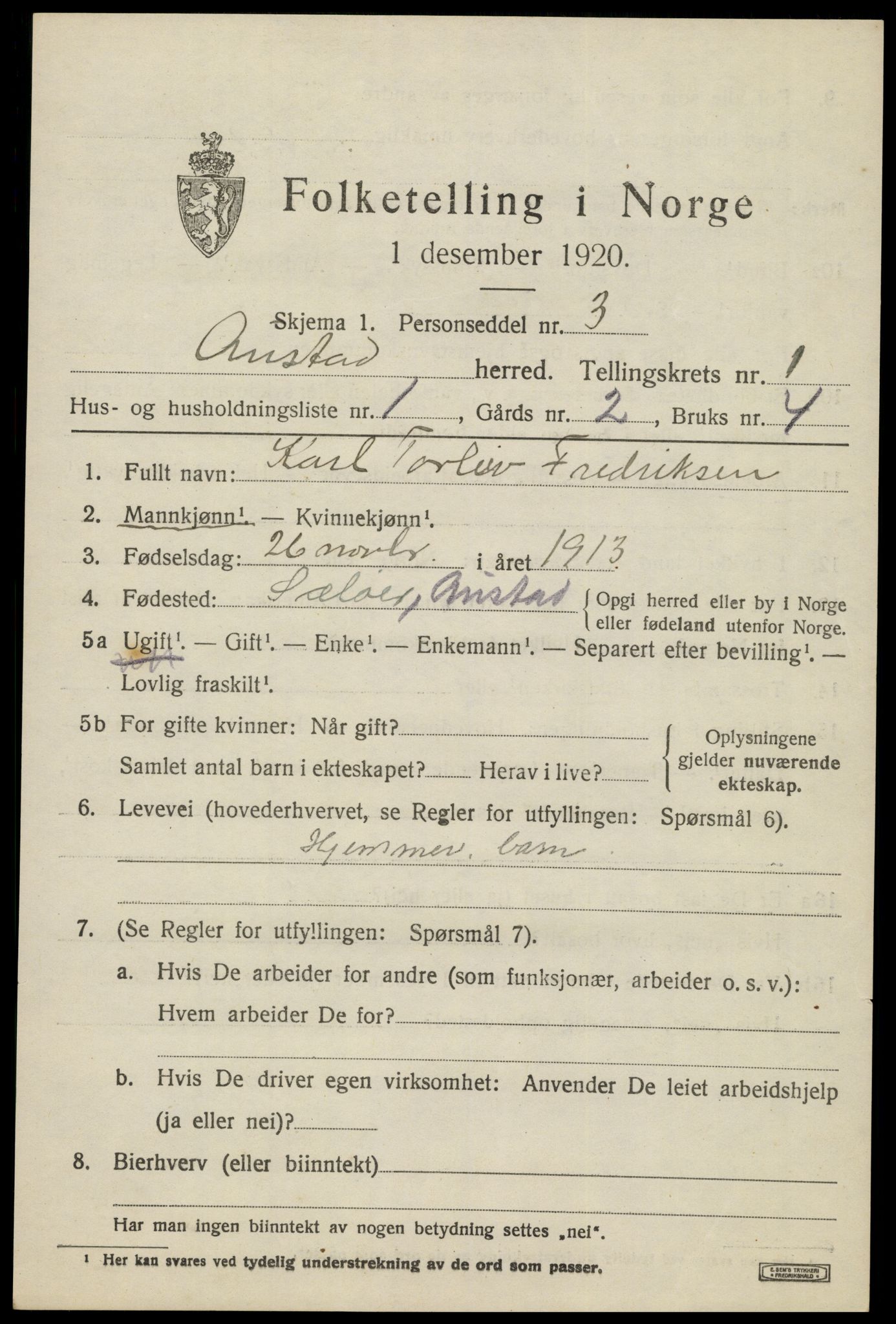 SAK, 1920 census for Austad, 1920, p. 603