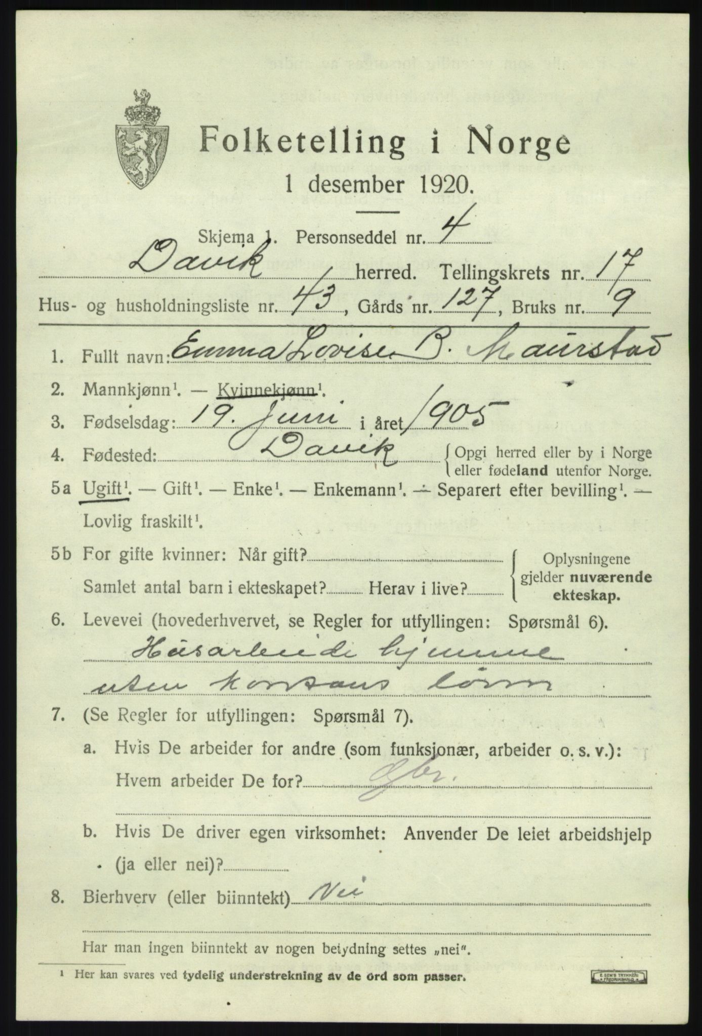 SAB, 1920 census for Davik, 1920, p. 8123
