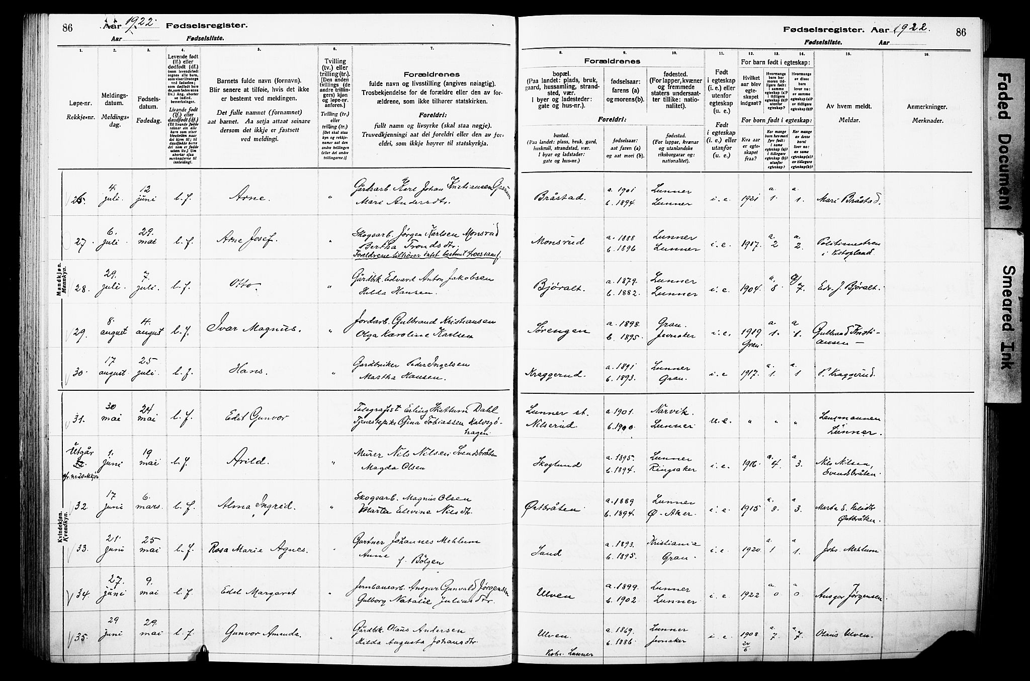 Lunner prestekontor, AV/SAH-PREST-118/I/Id/L0001: Birth register no. 1, 1916-1932, p. 86