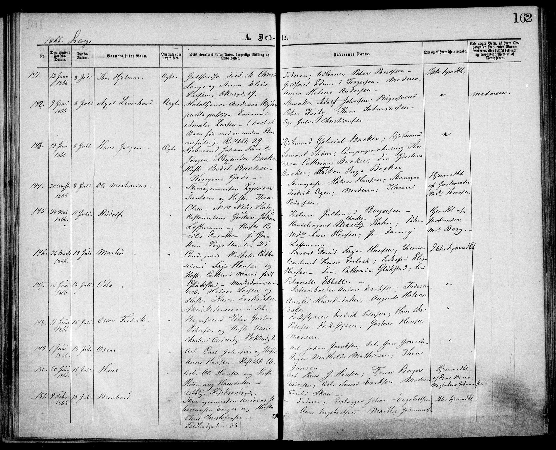 Trefoldighet prestekontor Kirkebøker, SAO/A-10882/F/Fa/L0002: Parish register (official) no. I 2, 1863-1870, p. 162