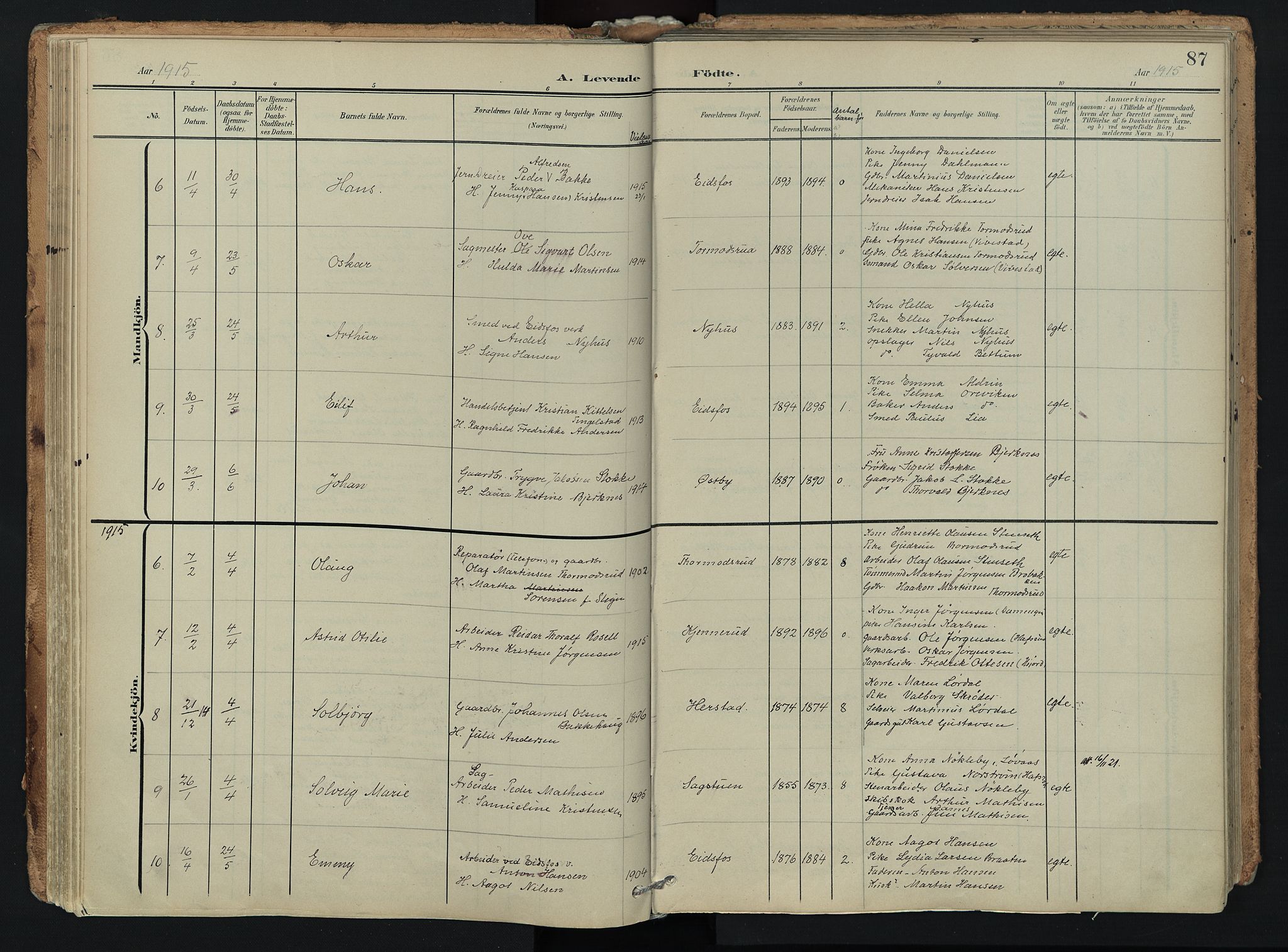 Hof kirkebøker, AV/SAKO-A-64/F/Fa/L0008: Parish register (official) no. I 8, 1902-1921, p. 87