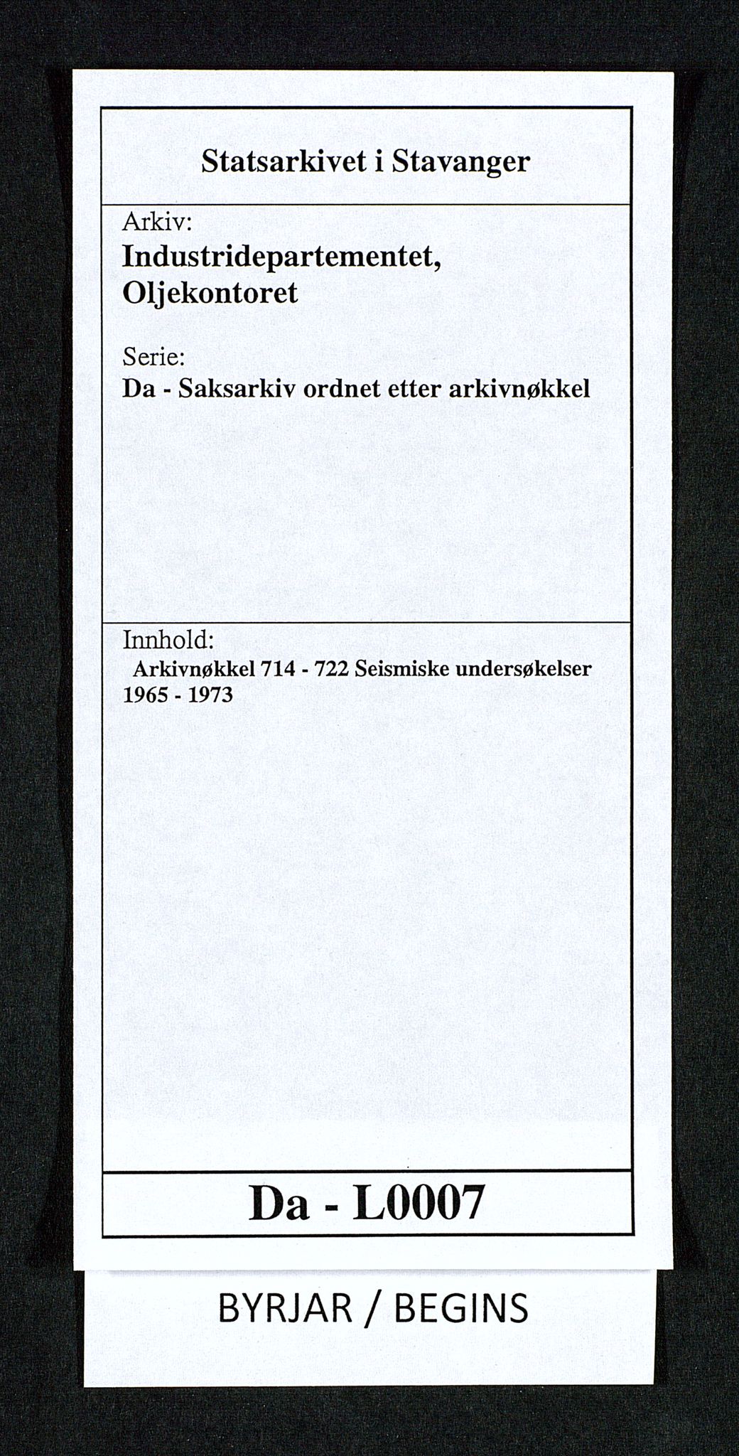 Industridepartementet, Oljekontoret, SAST/A-101348/Da/L0007:  Arkivnøkkel 714 - 722 Seismiske undersøkelser, 1965-1973, p. 1