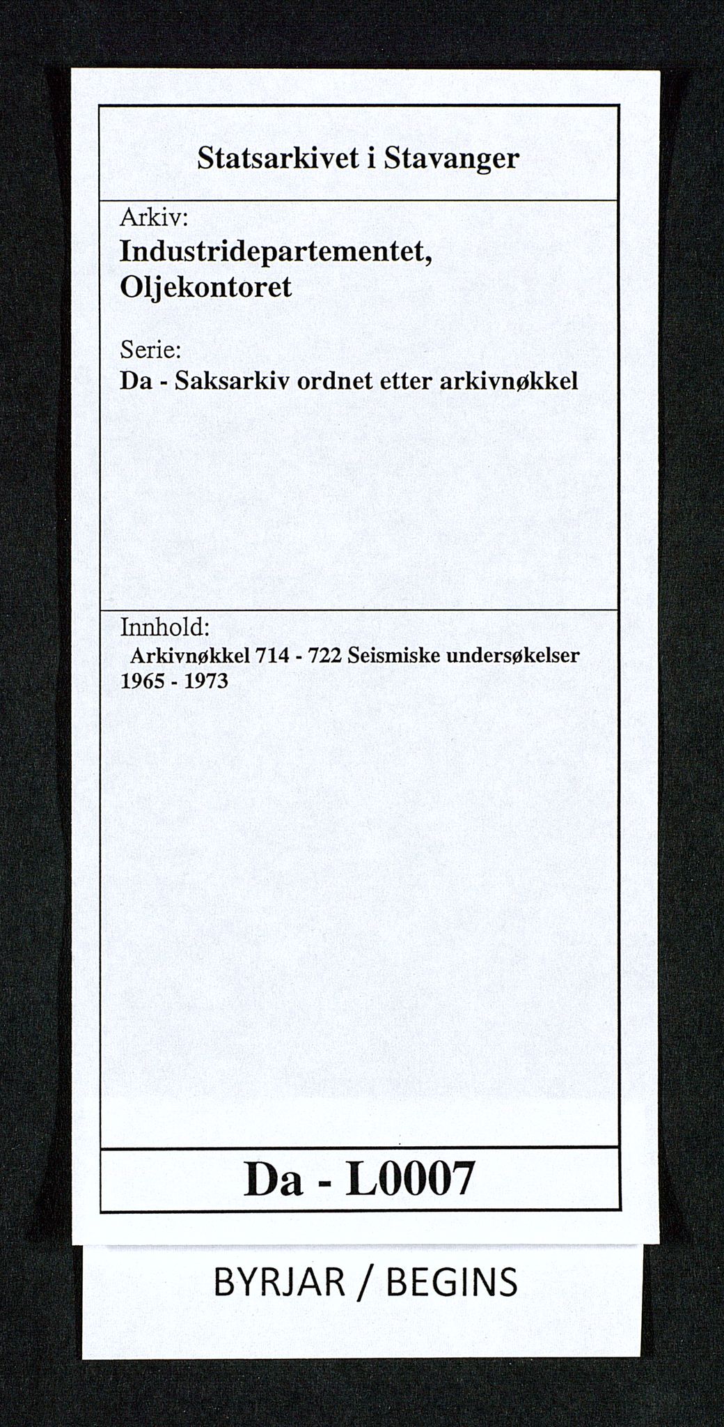 Industridepartementet, Oljekontoret, AV/SAST-A-101348/Da/L0007:  Arkivnøkkel 714 - 722 Seismiske undersøkelser, 1965-1973, p. 1