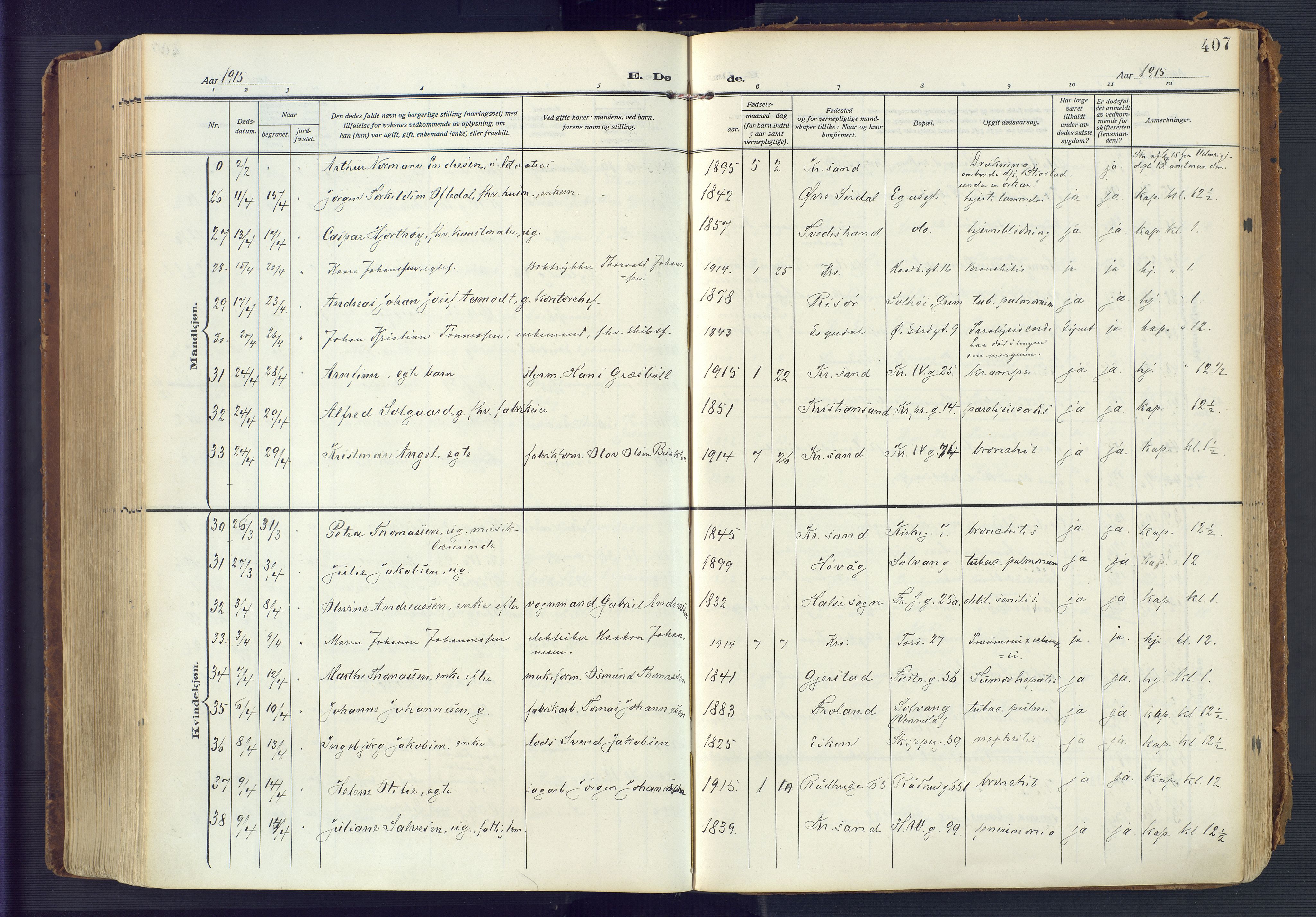 Kristiansand domprosti, AV/SAK-1112-0006/F/Fa/L0023: Parish register (official) no. A 22, 1909-1917, p. 407