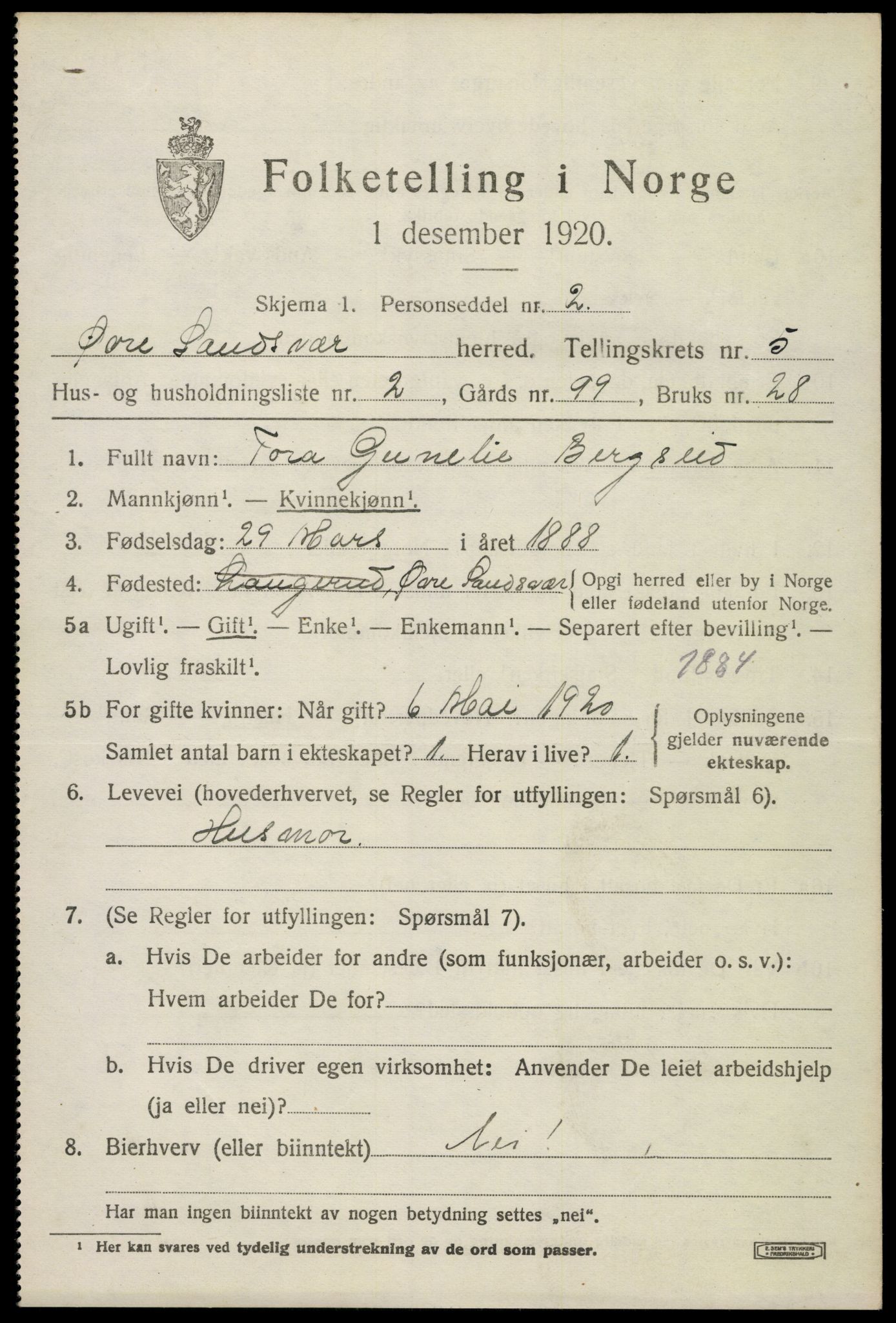 SAKO, 1920 census for Øvre Sandsvær, 1920, p. 2852