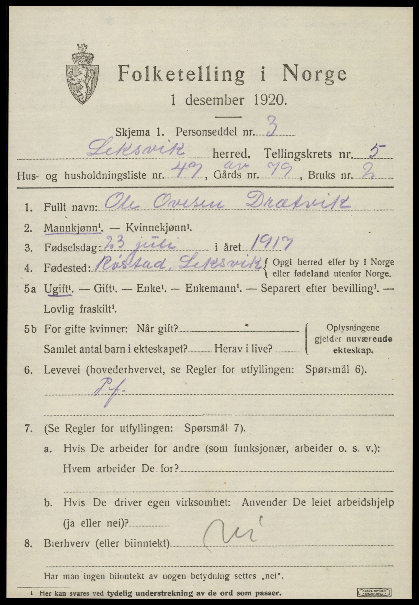 SAT, 1920 census for Leksvik, 1920, p. 5410