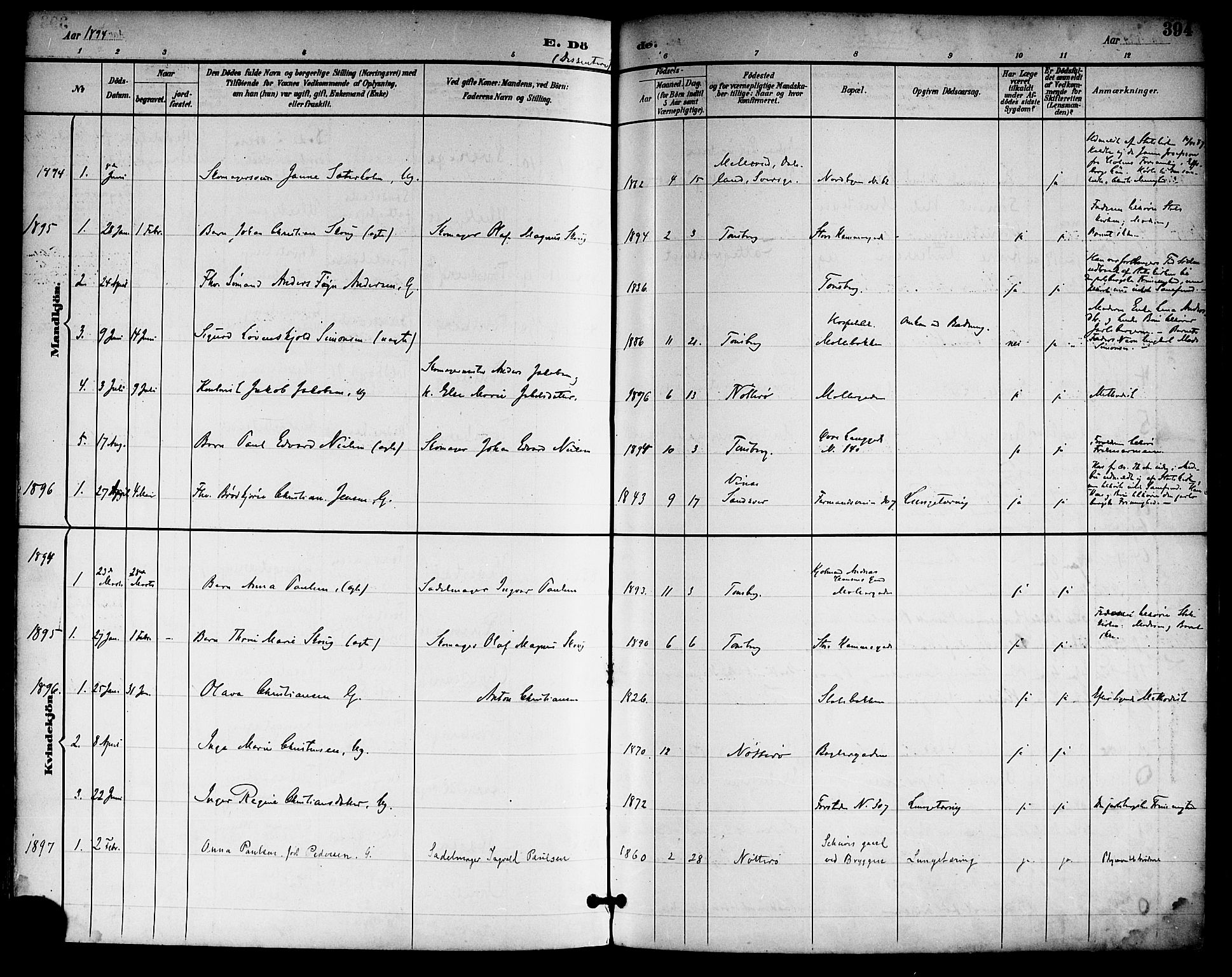 Tønsberg kirkebøker, SAKO/A-330/F/Fa/L0012: Parish register (official) no. I 12, 1891-1899, p. 394