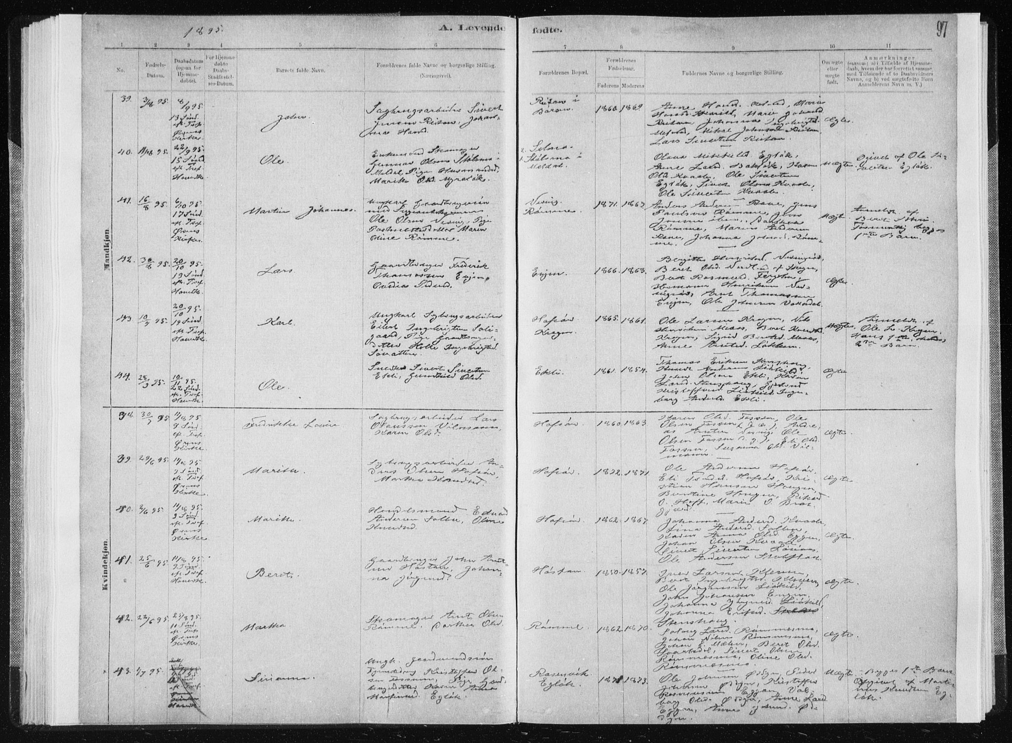 Ministerialprotokoller, klokkerbøker og fødselsregistre - Sør-Trøndelag, AV/SAT-A-1456/668/L0818: Parish register (copy) no. 668C07, 1885-1898, p. 97