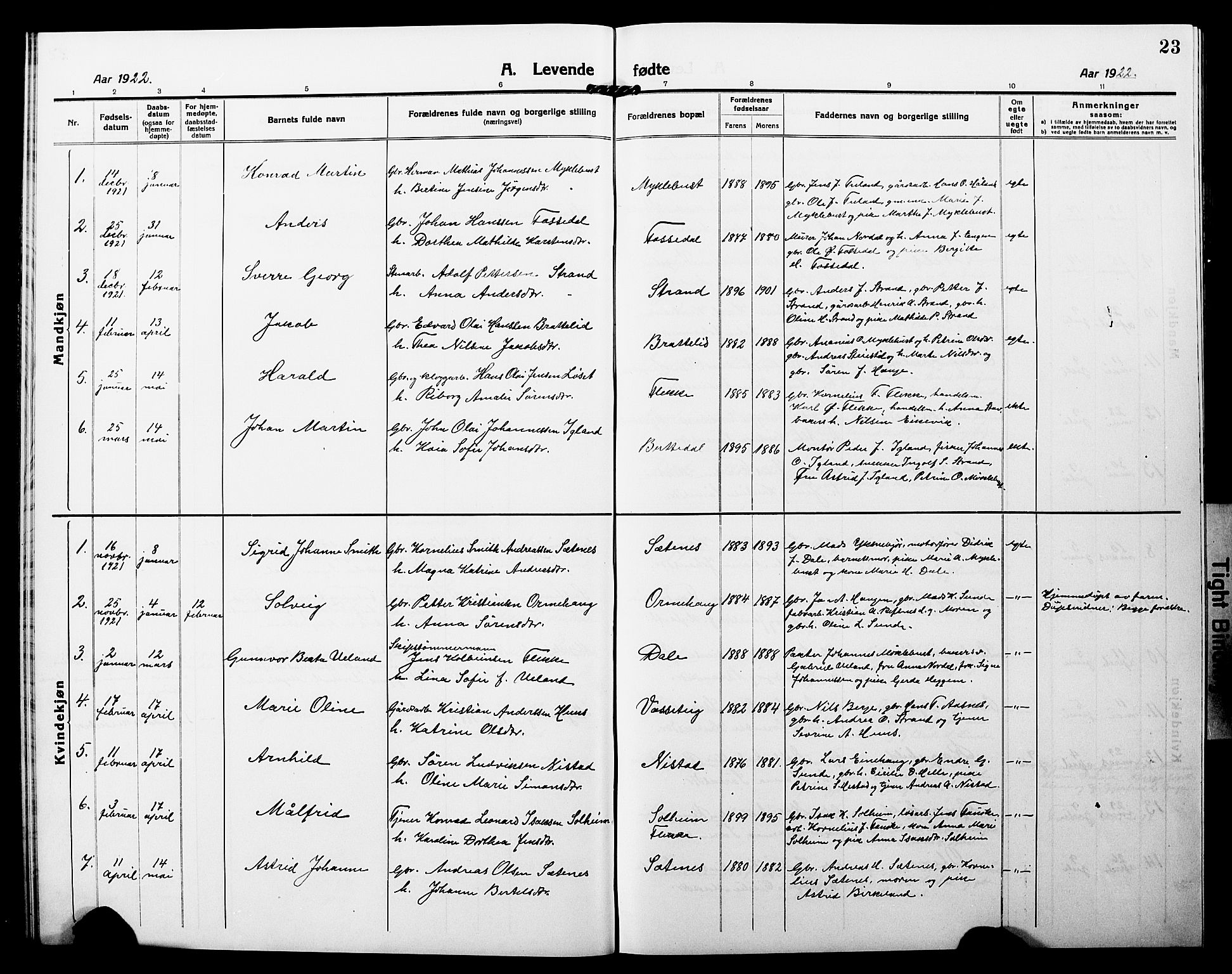 Fjaler sokneprestembete, SAB/A-79801/H/Hab/Habc/L0004: Parish register (copy) no. C 4, 1914-1927, p. 23