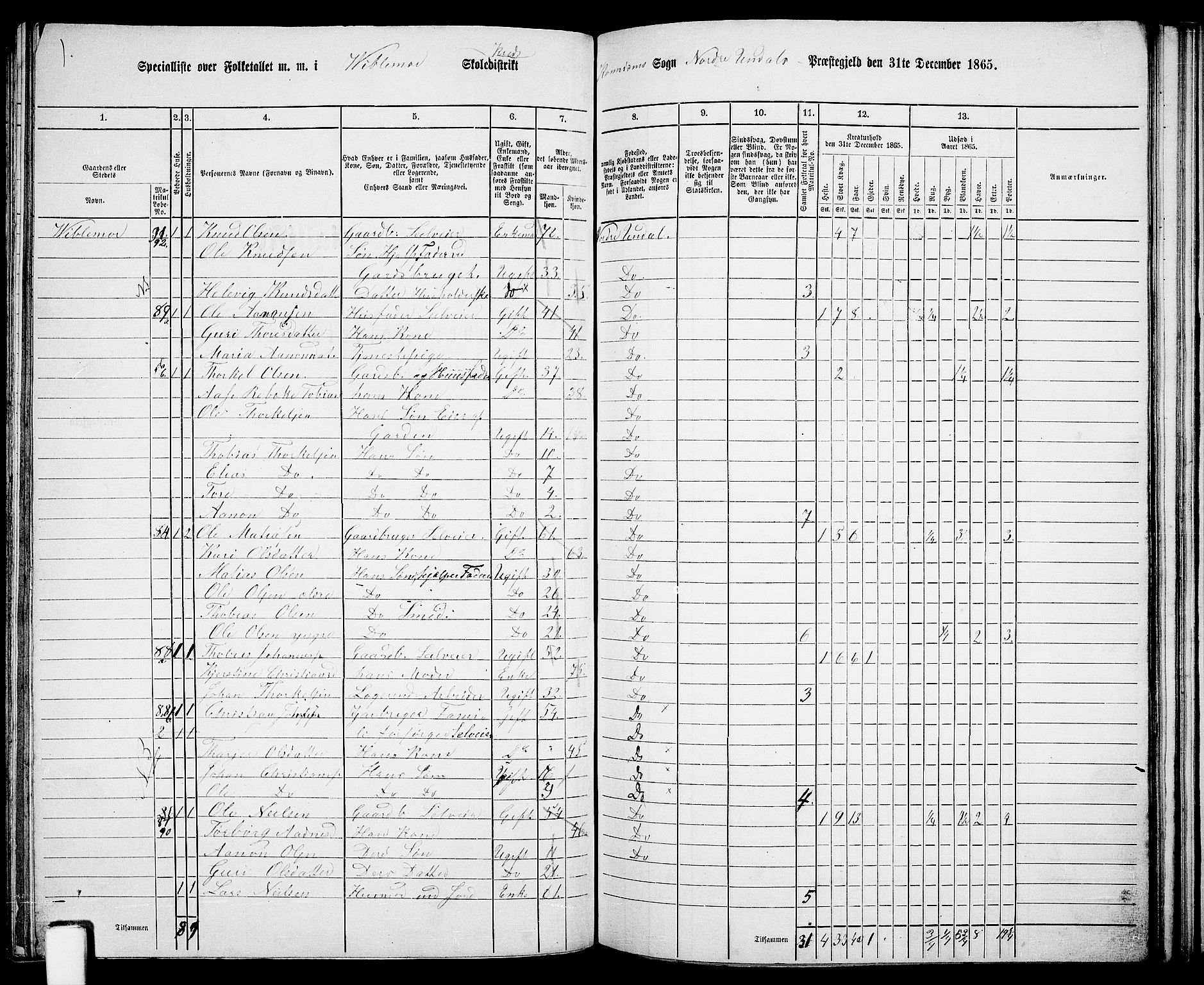 RA, 1865 census for Nord-Audnedal, 1865, p. 61