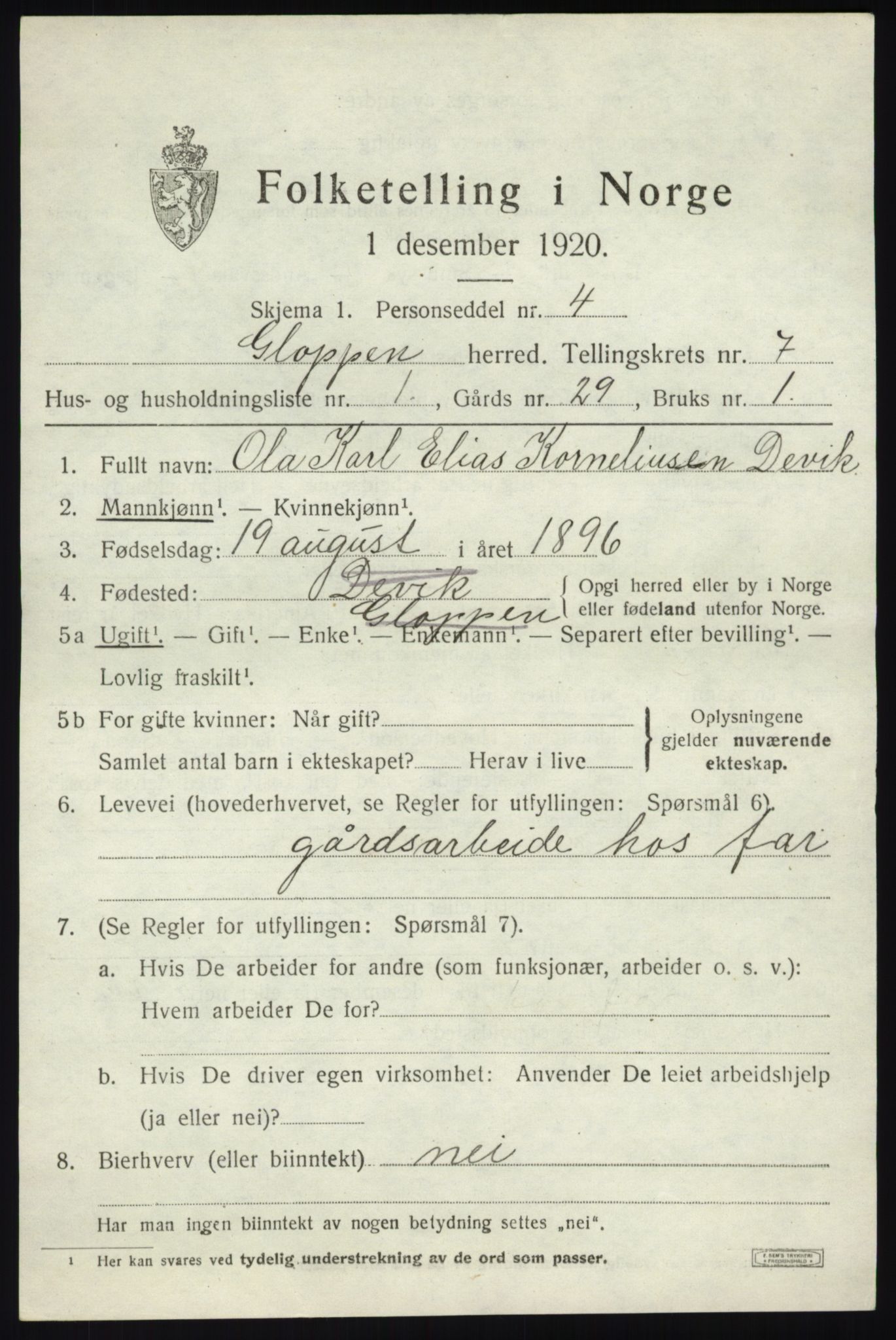 SAB, 1920 census for Gloppen, 1920, p. 4080