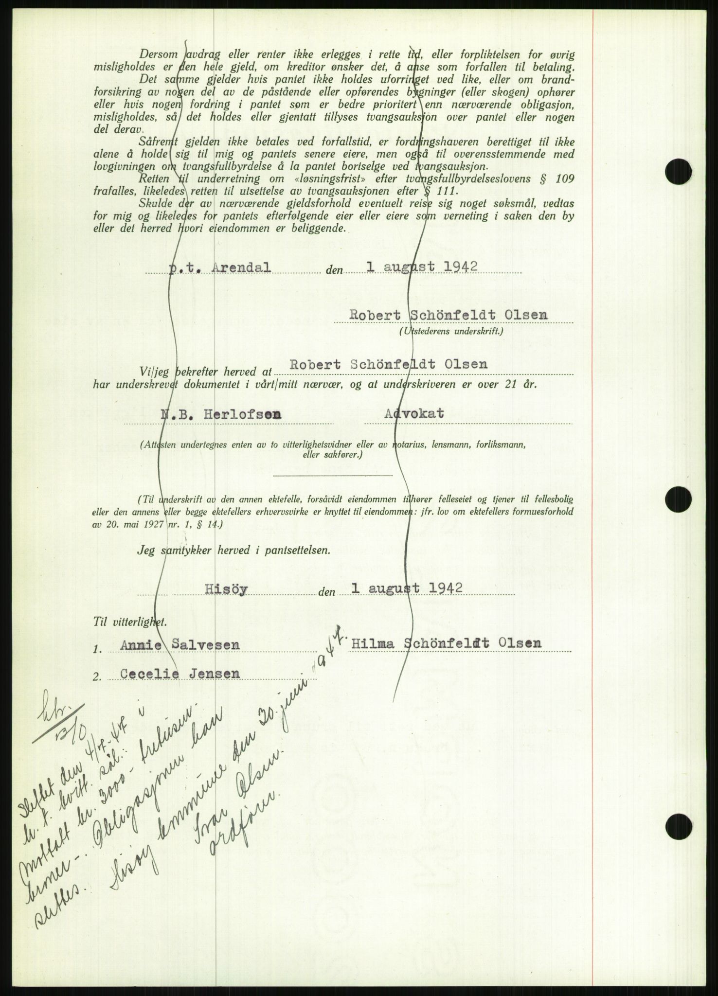 Nedenes sorenskriveri, SAK/1221-0006/G/Gb/Gbb/L0002: Mortgage book no. II, 1942-1945, Diary no: : 952/1942