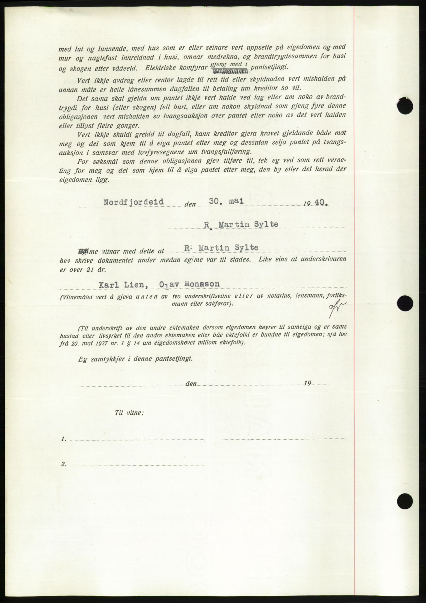 Søre Sunnmøre sorenskriveri, AV/SAT-A-4122/1/2/2C/L0070: Mortgage book no. 64, 1940-1941, Diary no: : 390/1940