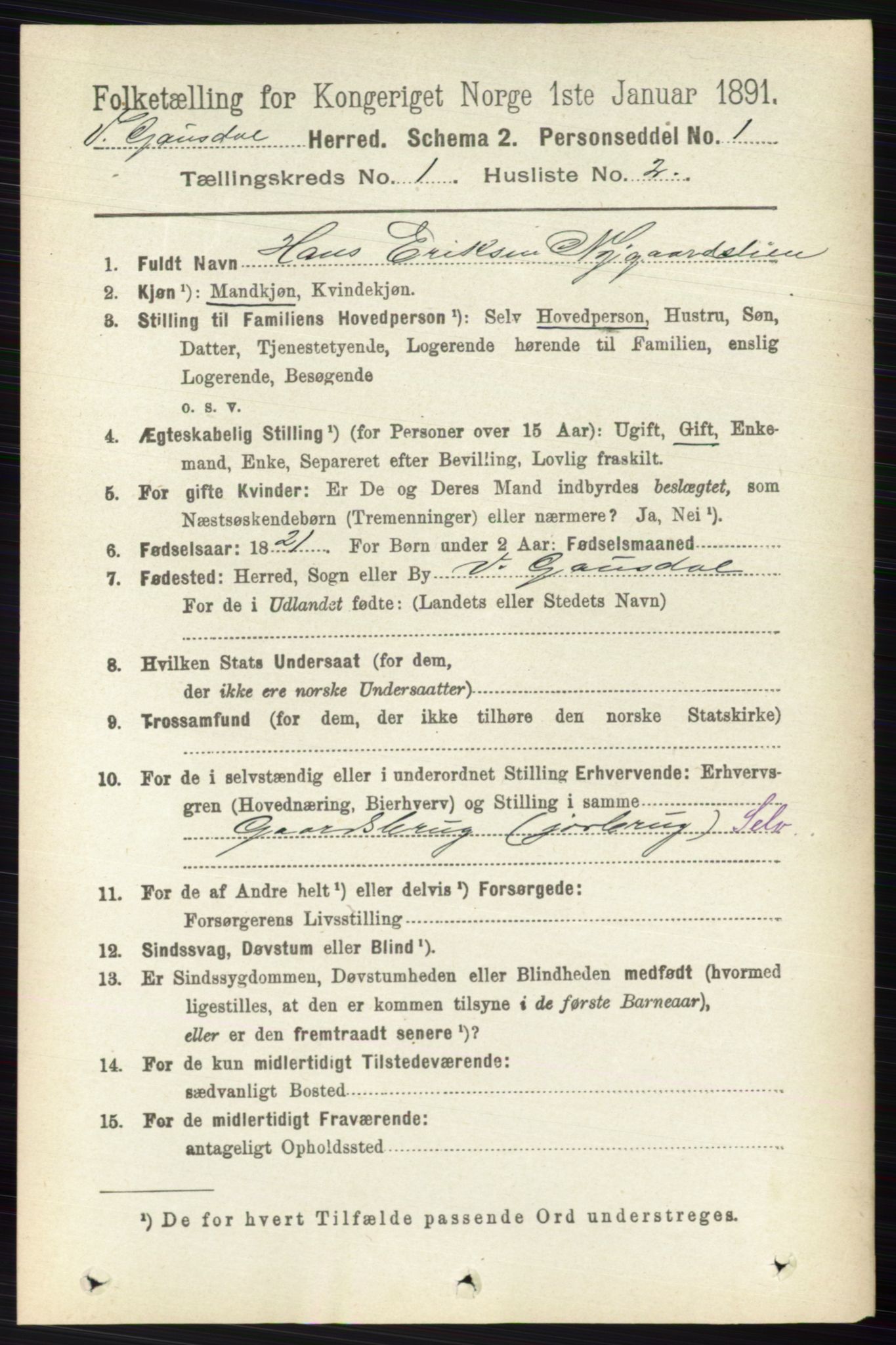 RA, 1891 census for 0523 Vestre Gausdal, 1891, p. 90