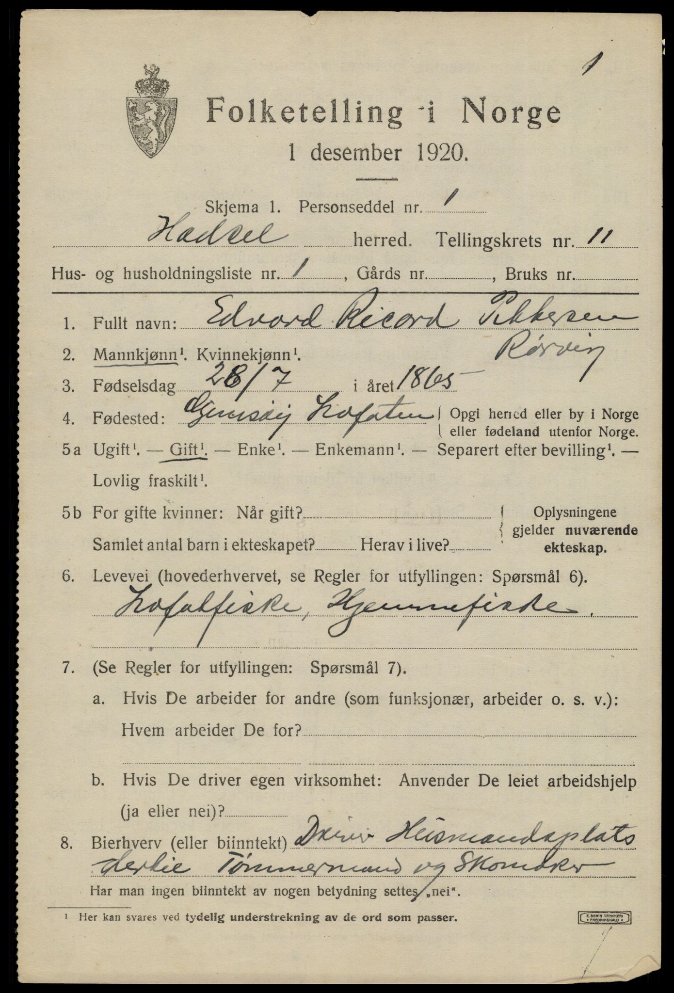 SAT, 1920 census for Hadsel, 1920, p. 8690
