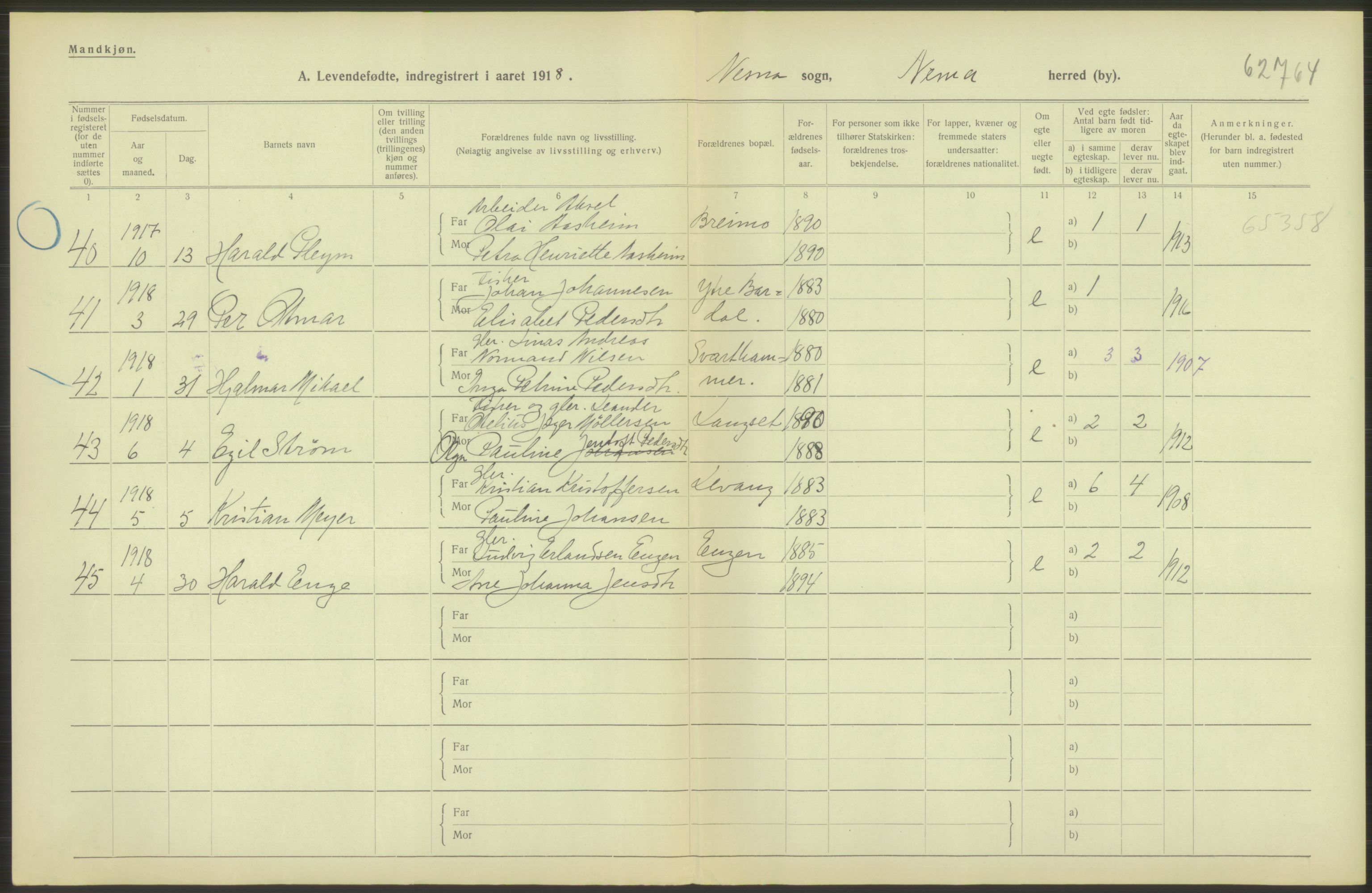 Statistisk sentralbyrå, Sosiodemografiske emner, Befolkning, AV/RA-S-2228/D/Df/Dfb/Dfbh/L0052: Nordland fylke: Levendefødte menn og kvinner. Bygder., 1918, p. 120