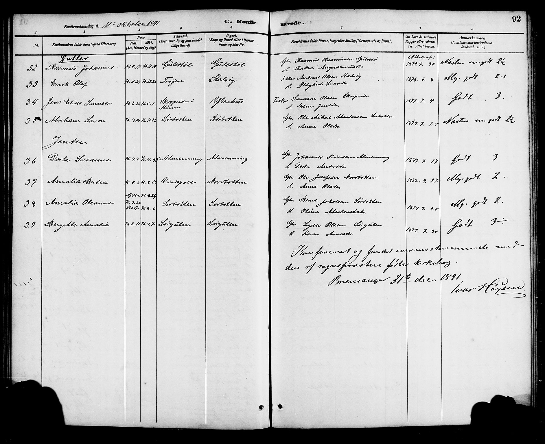 Bremanger sokneprestembete, AV/SAB-A-82201/H/Hab/Haba/L0003: Parish register (copy) no. A 3, 1890-1908, p. 92