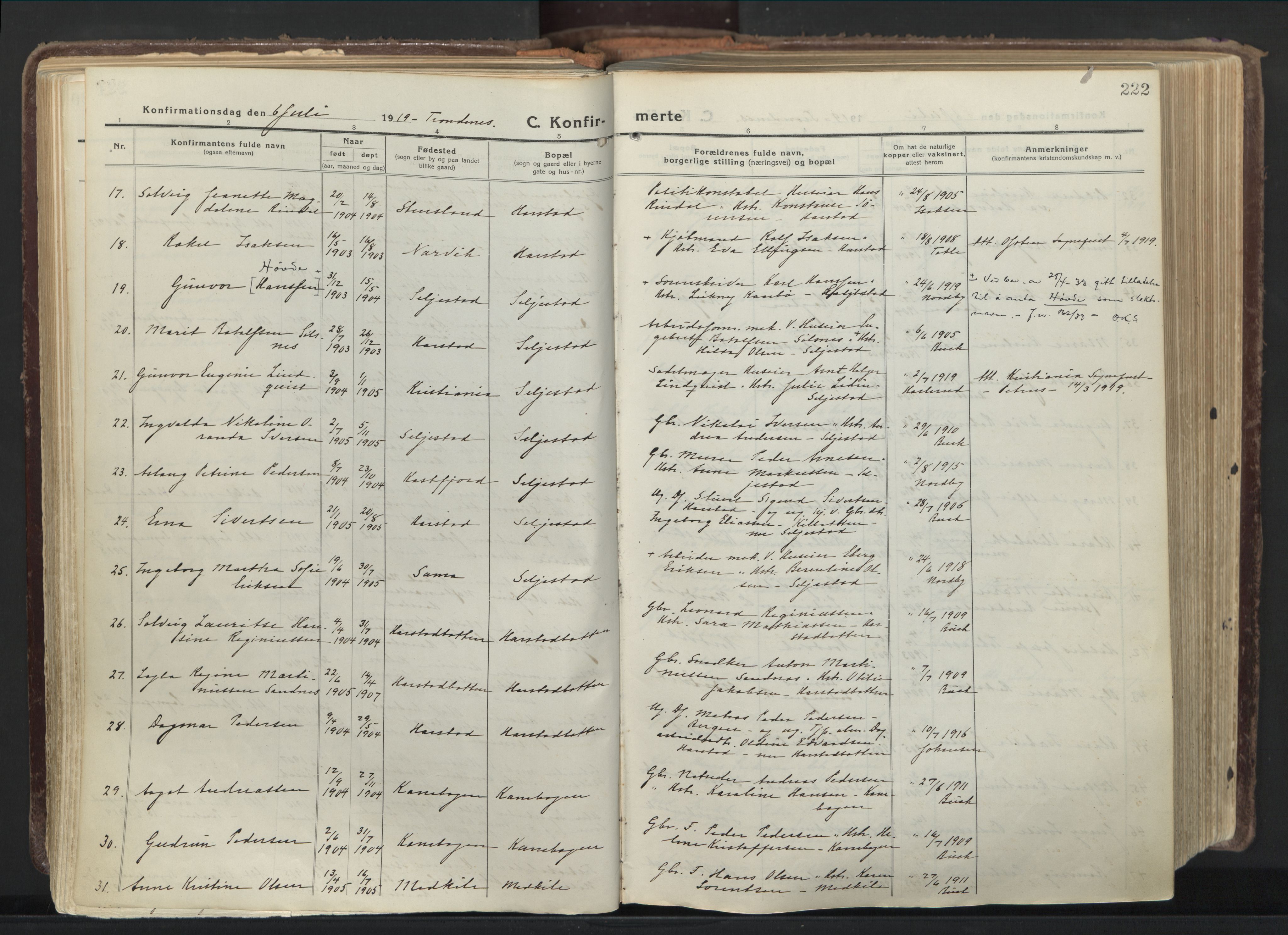 Trondenes sokneprestkontor, AV/SATØ-S-1319/H/Ha/L0019kirke: Parish register (official) no. 19, 1919-1928, p. 222