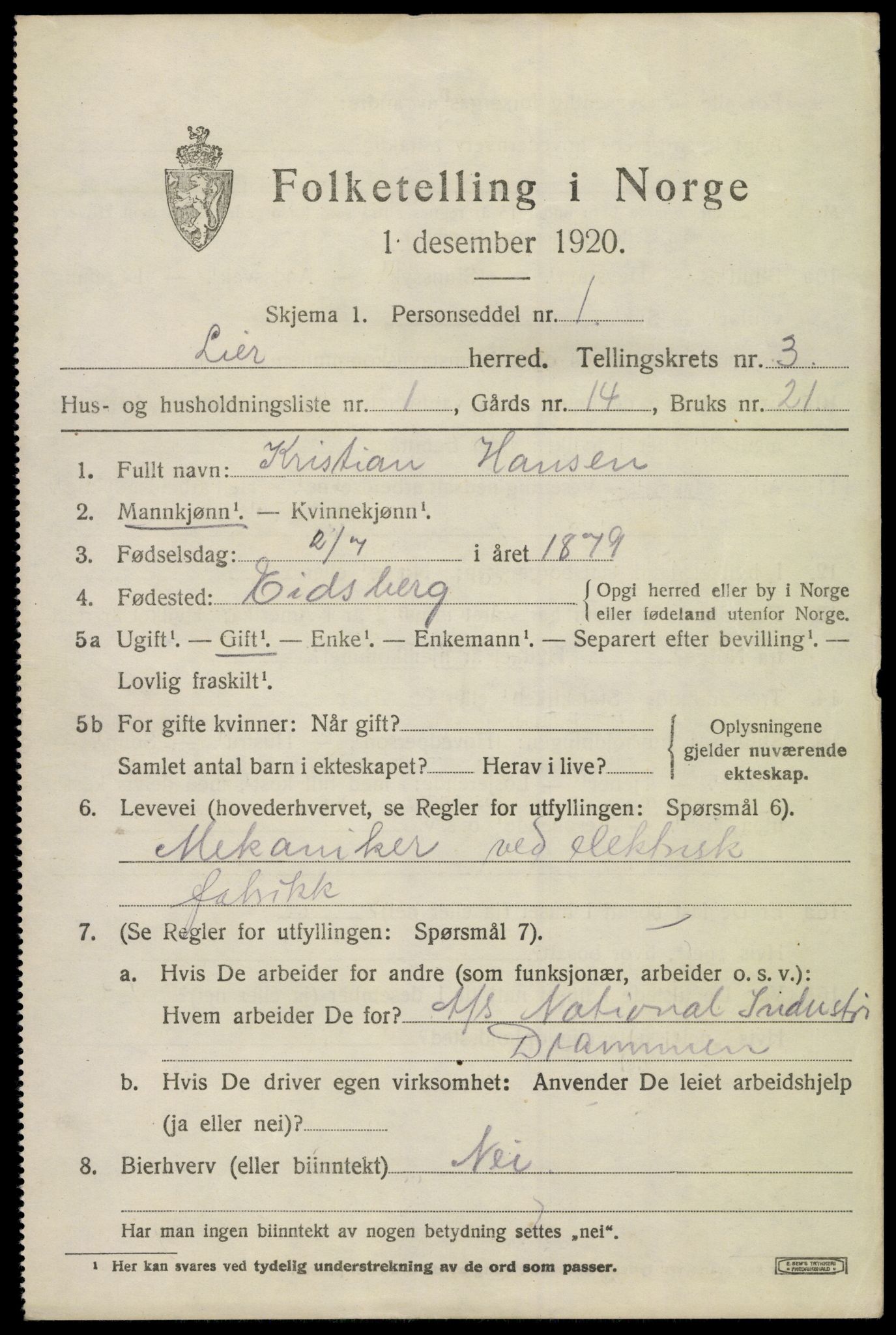 SAKO, 1920 census for Lier, 1920, p. 5416