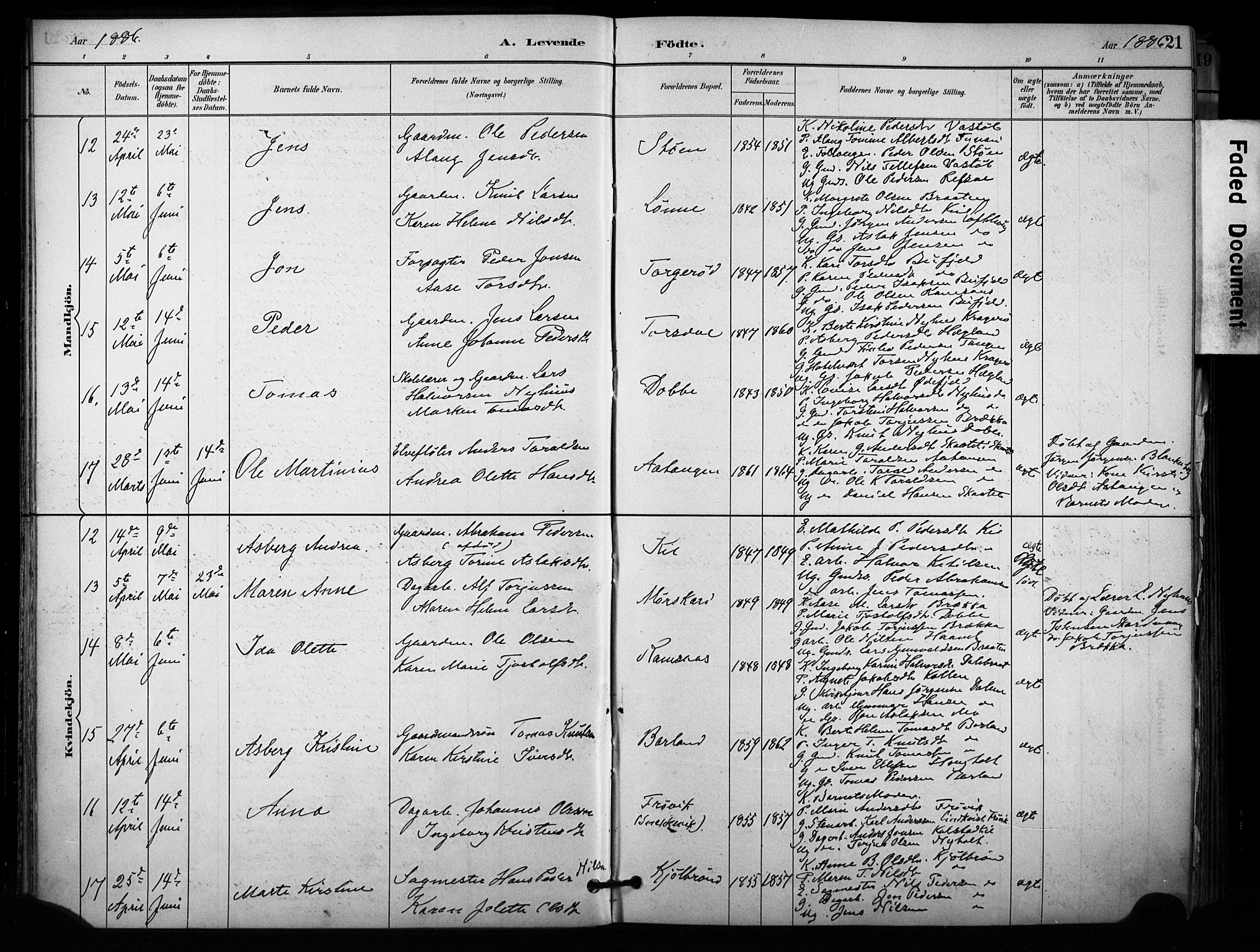 Sannidal kirkebøker, AV/SAKO-A-296/F/Fa/L0015: Parish register (official) no. 15, 1884-1899, p. 21