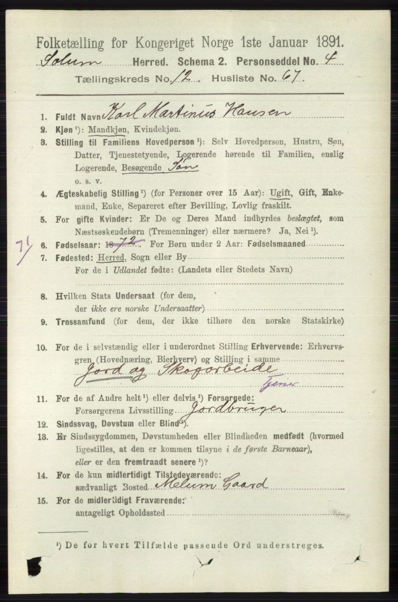 RA, 1891 census for 0818 Solum, 1891, p. 5997