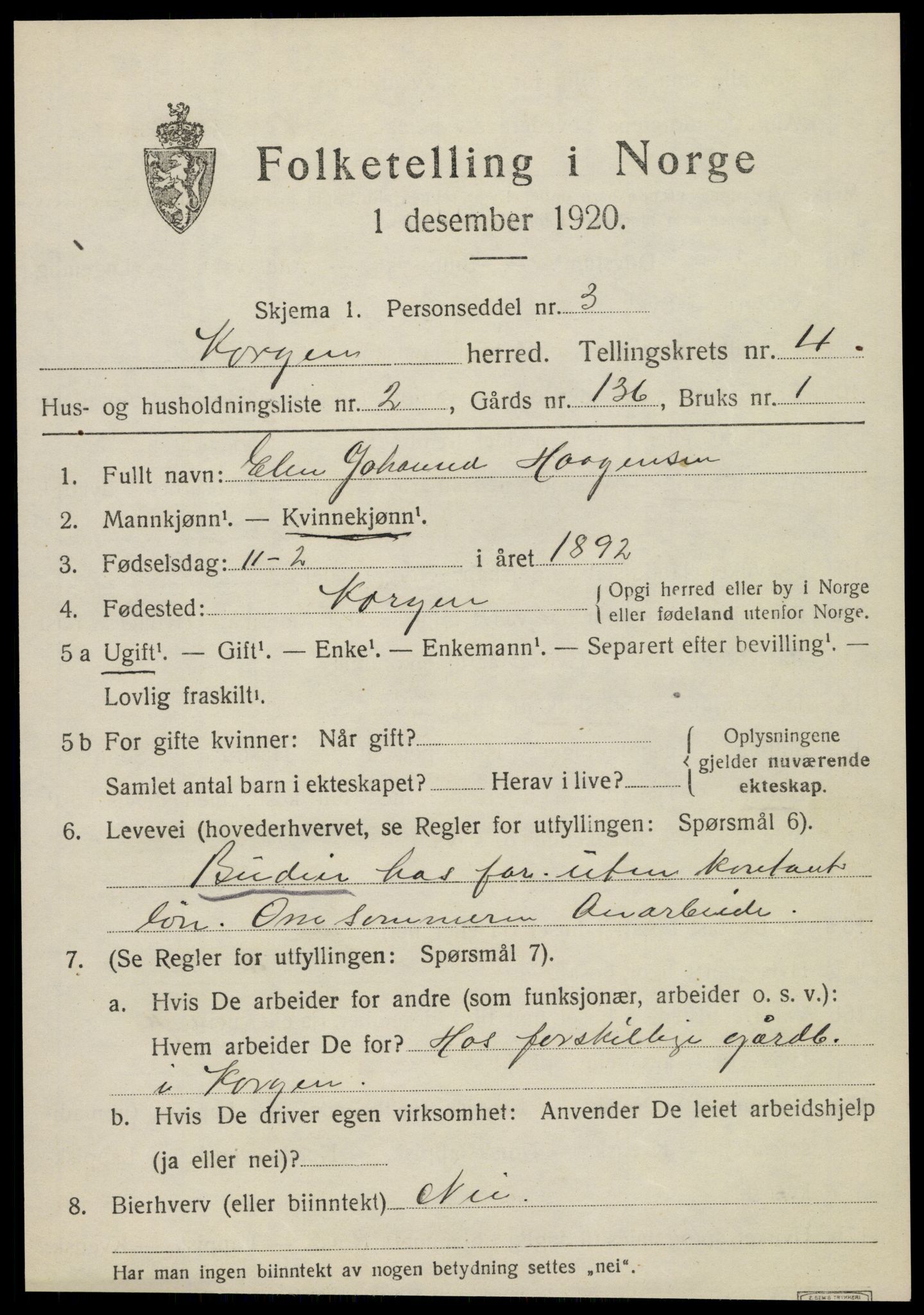 SAT, 1920 census for Korgen, 1920, p. 1756