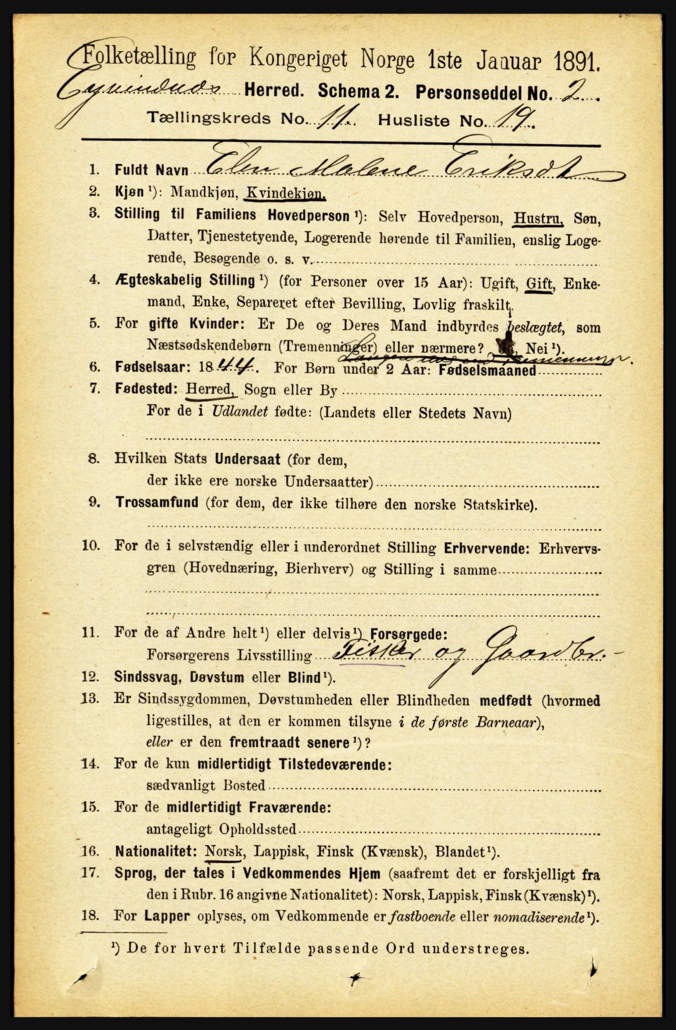 RA, 1891 census for 1853 Evenes, 1891, p. 3582