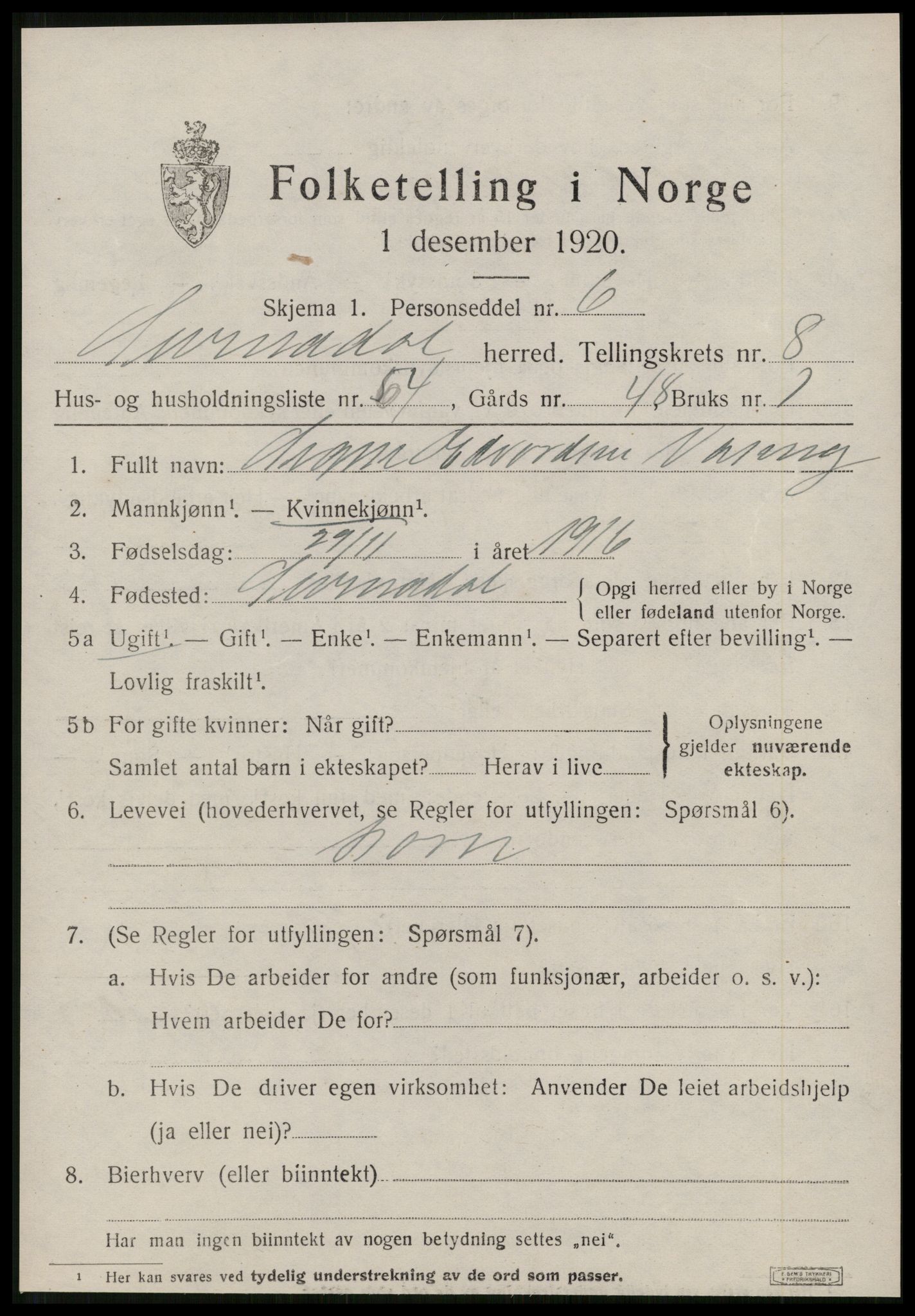 SAT, 1920 census for Surnadal, 1920, p. 6345