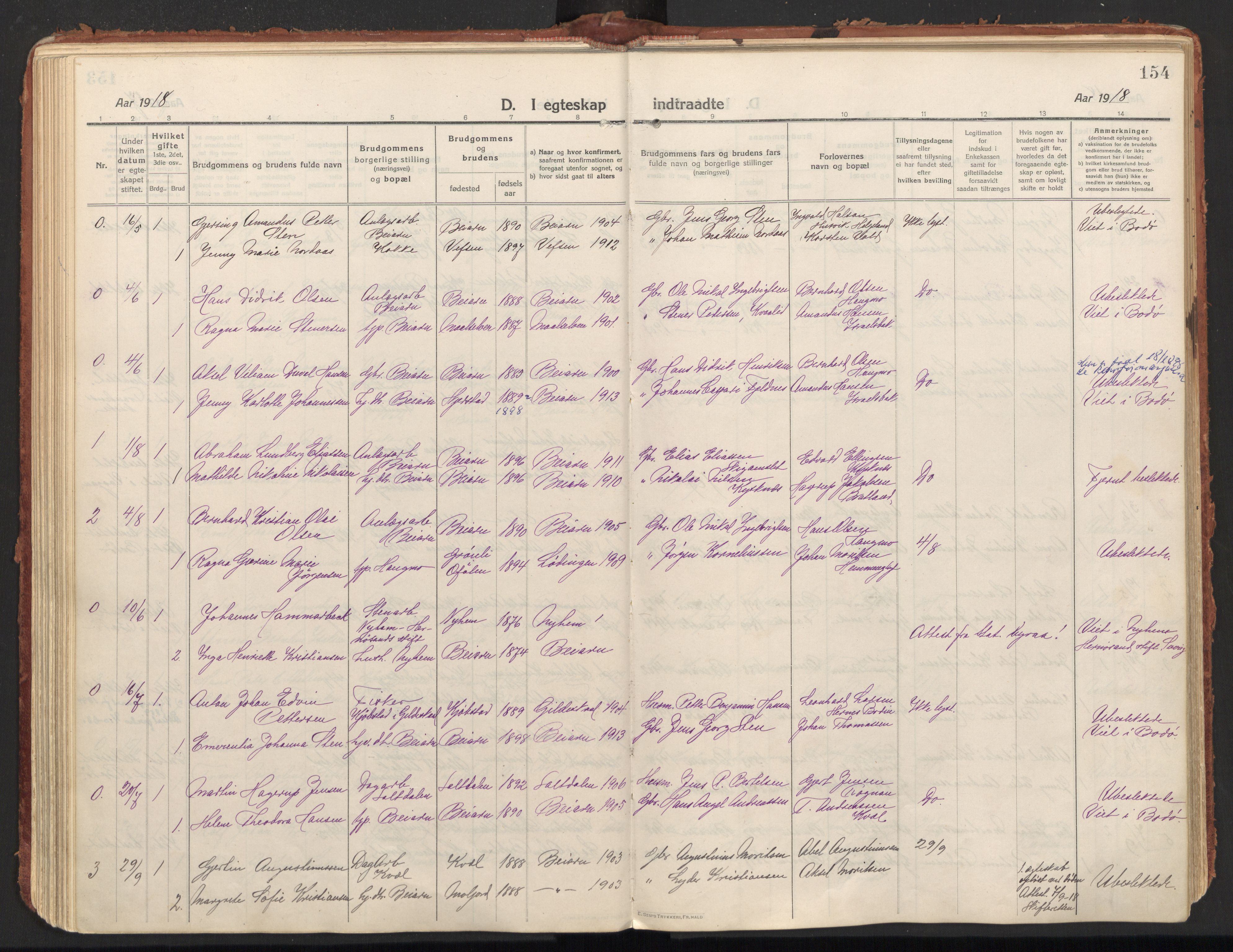 Ministerialprotokoller, klokkerbøker og fødselsregistre - Nordland, SAT/A-1459/846/L0650: Parish register (official) no. 846A08, 1916-1935, p. 154