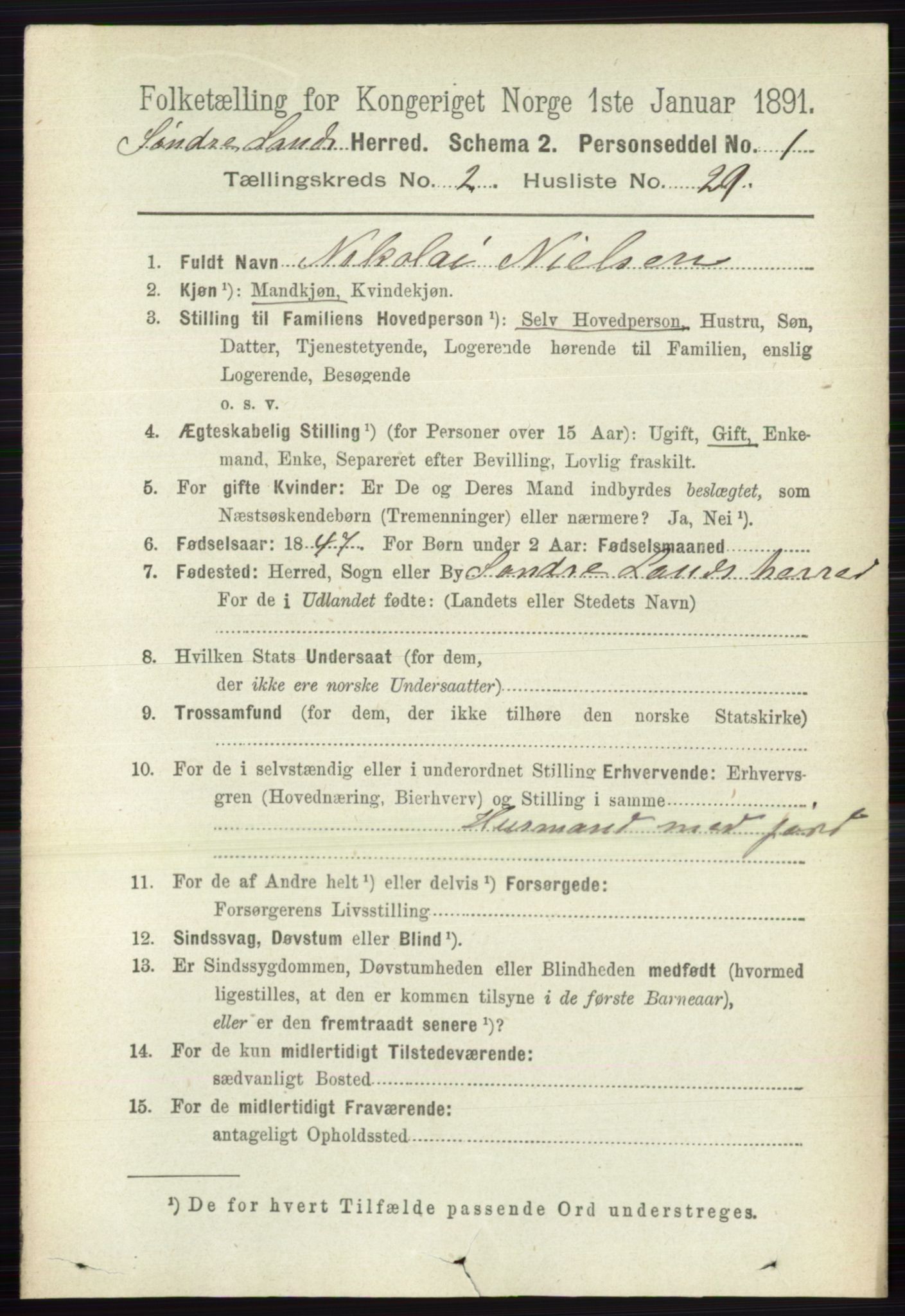 RA, 1891 census for 0536 Søndre Land, 1891, p. 1217