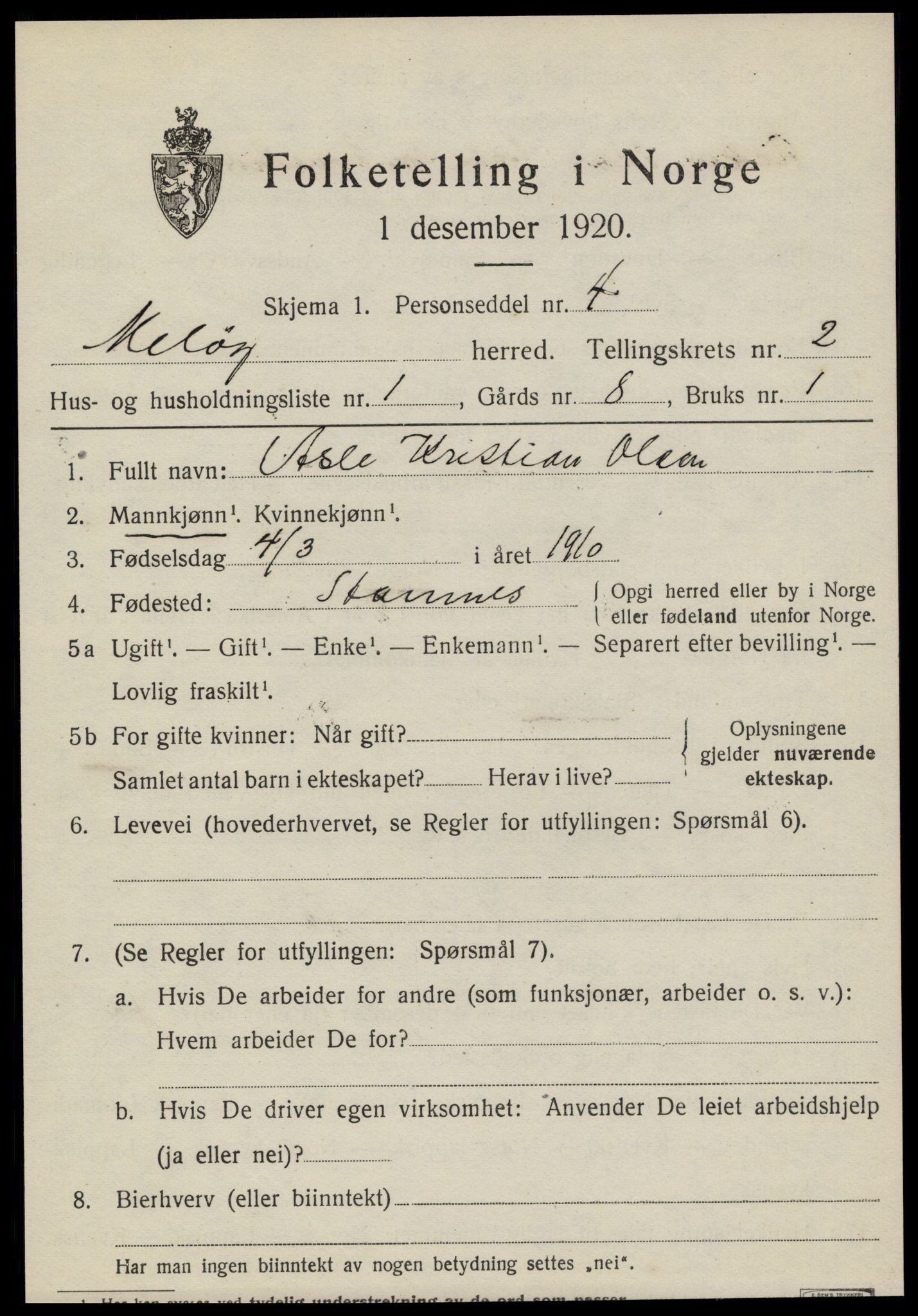 SAT, 1920 census for Meløy, 1920, p. 2133