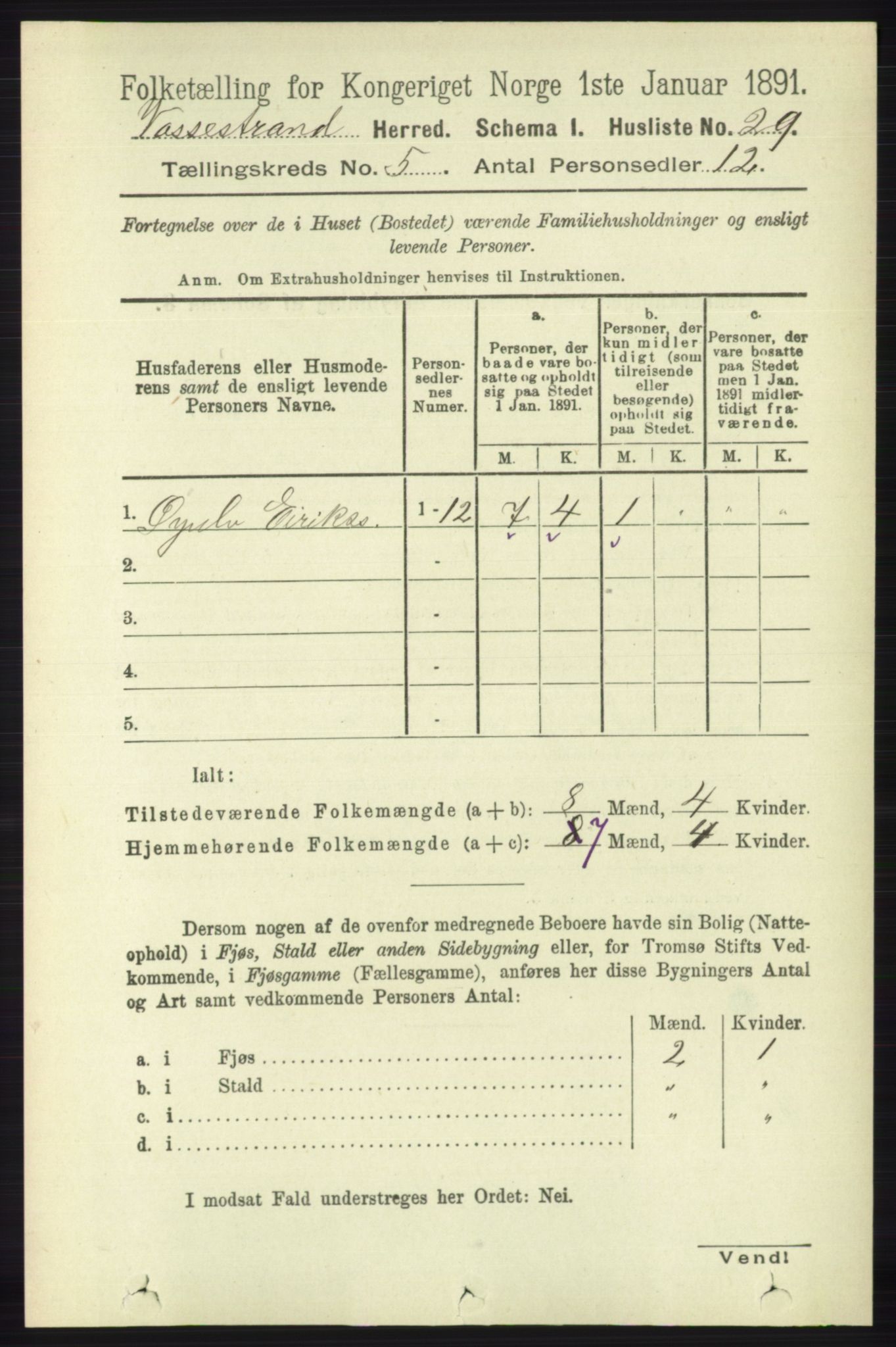 RA, 1891 census for 1236 Vossestrand, 1891, p. 1879