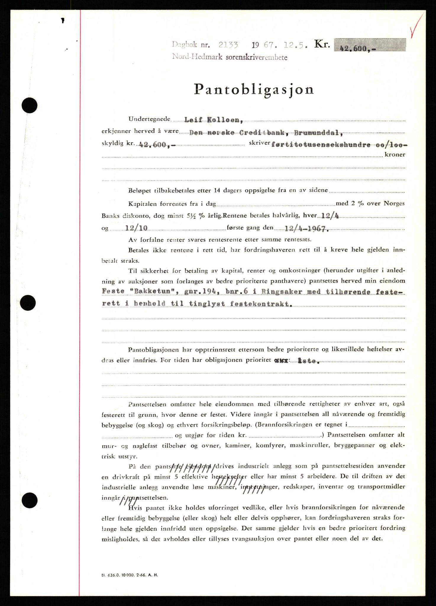 Nord-Hedmark sorenskriveri, SAH/TING-012/H/Hb/Hbf/L0071: Mortgage book no. B71, 1967-1967, Diary no: : 2133/1967
