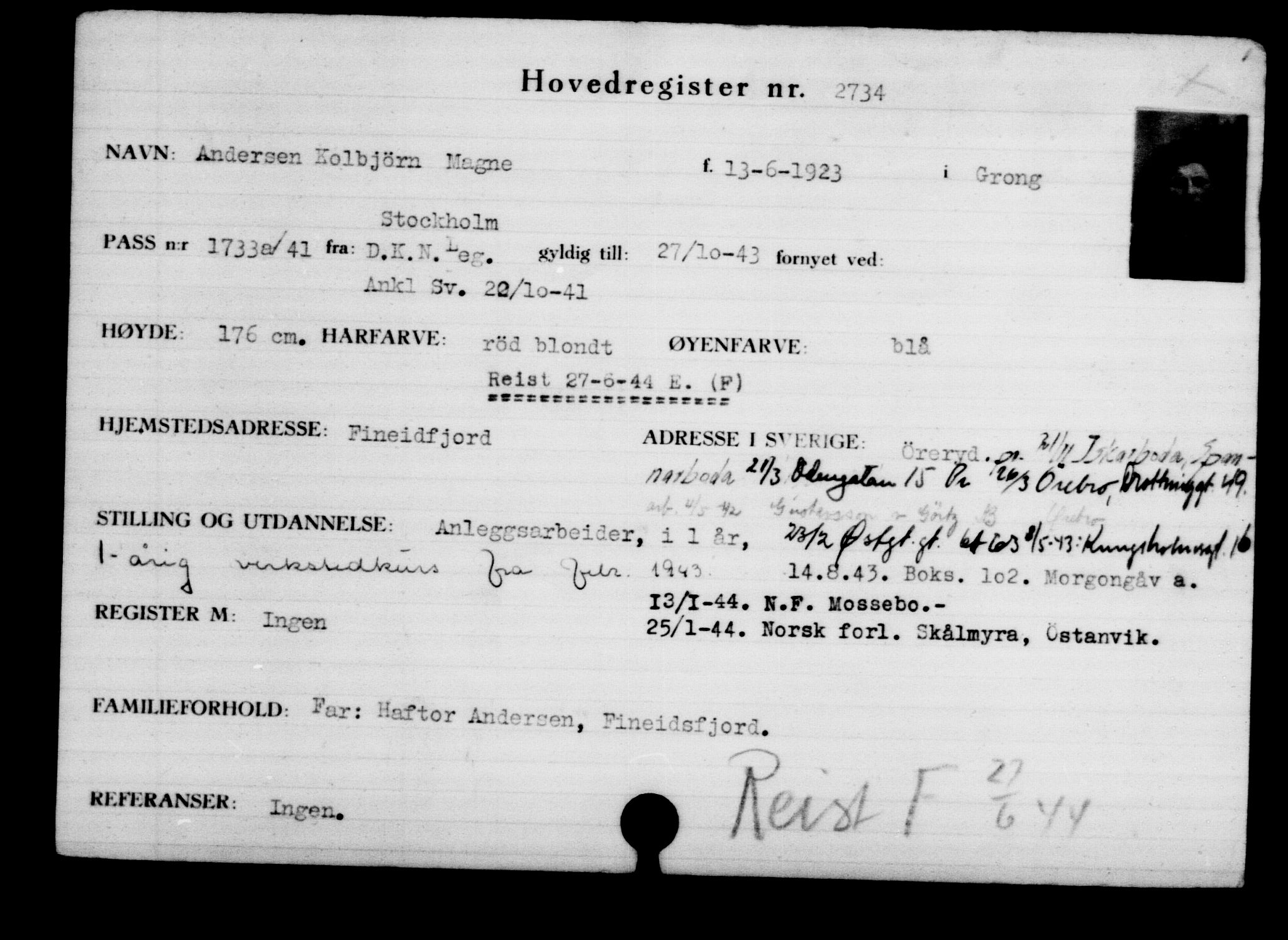 Den Kgl. Norske Legasjons Flyktningskontor, RA/S-6753/V/Va/L0003: Kjesäterkartoteket.  Flyktningenr. 2001-3495, 1940-1945, p. 1119