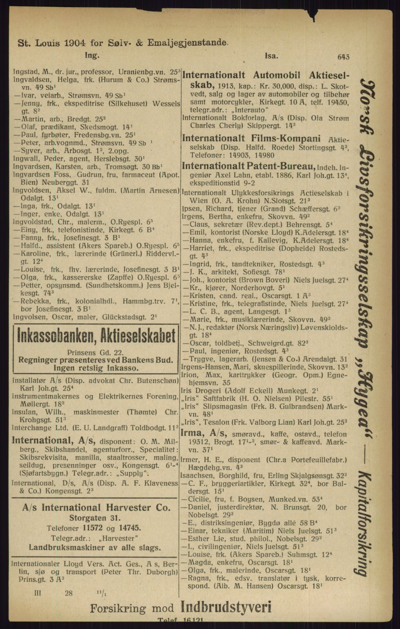 Kristiania/Oslo adressebok, PUBL/-, 1916, p. 643