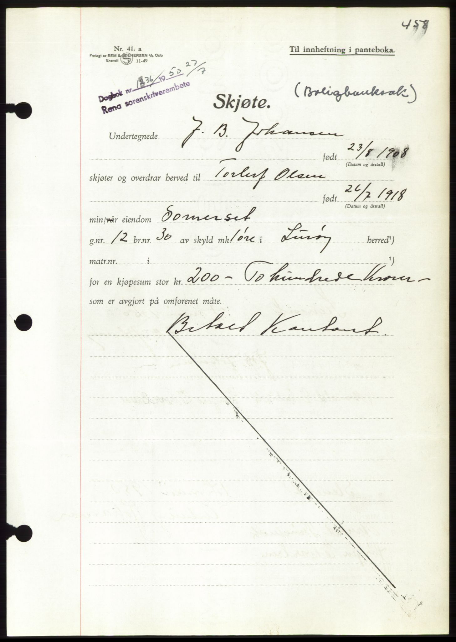 Rana sorenskriveri , AV/SAT-A-1108/1/2/2C: Mortgage book no. A 22, 1950-1950, Diary no: : 1836/1950