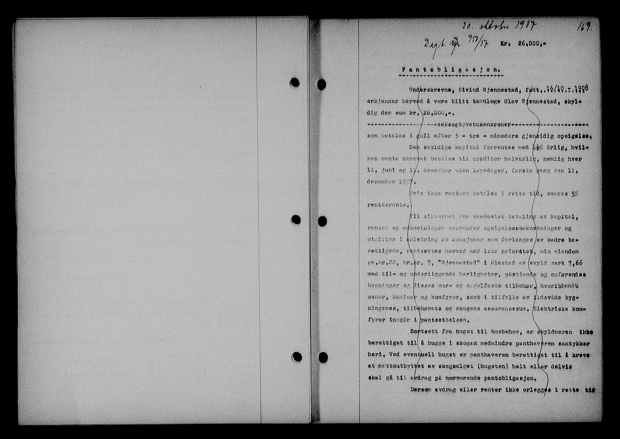 Nedenes sorenskriveri, SAK/1221-0006/G/Gb/Gba/L0044: Mortgage book no. 40, 1937-1938, Diary no: : 950/1937