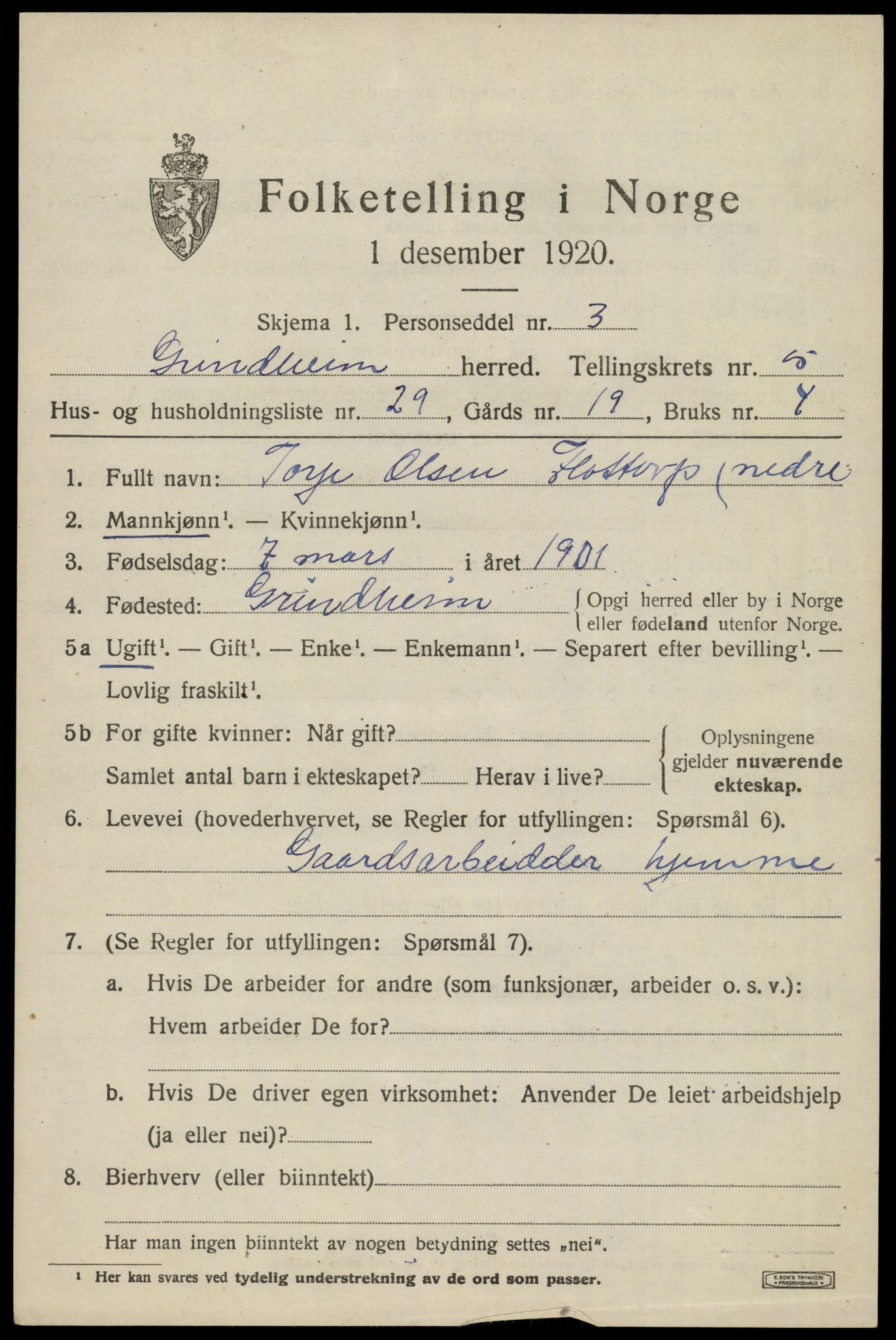 SAK, 1920 census for Grindheim, 1920, p. 1855