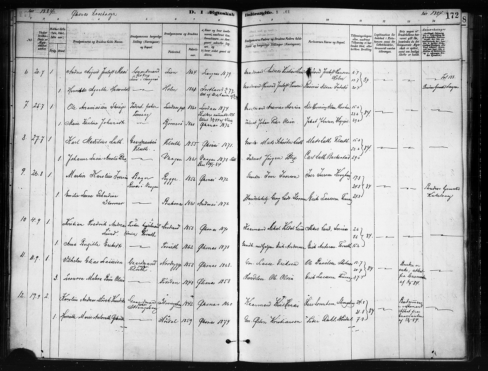 Ministerialprotokoller, klokkerbøker og fødselsregistre - Nordland, AV/SAT-A-1459/893/L1335: Parish register (official) no. 893A08 /1, 1878-1884, p. 172