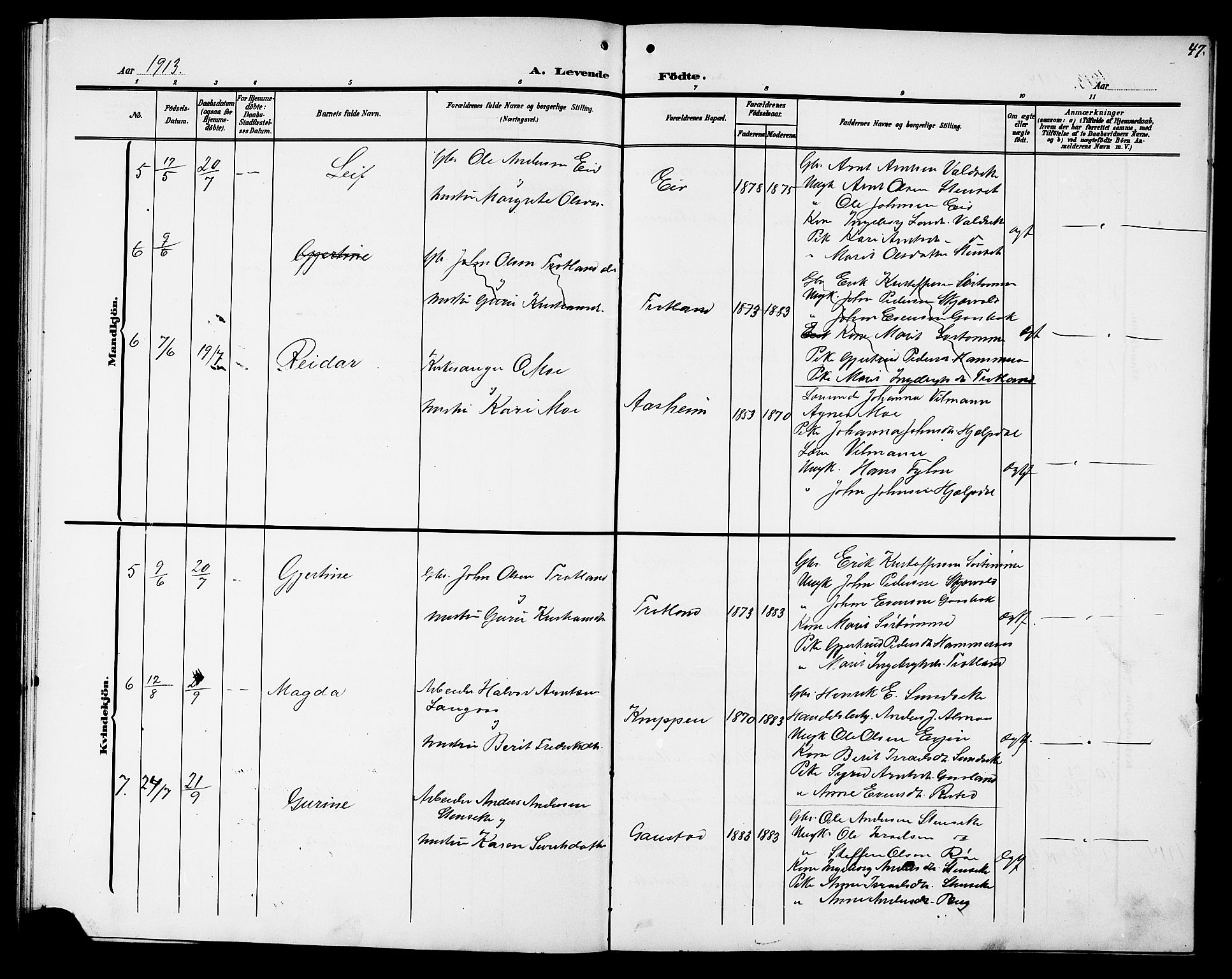 Ministerialprotokoller, klokkerbøker og fødselsregistre - Sør-Trøndelag, SAT/A-1456/694/L1133: Parish register (copy) no. 694C05, 1901-1914, p. 47